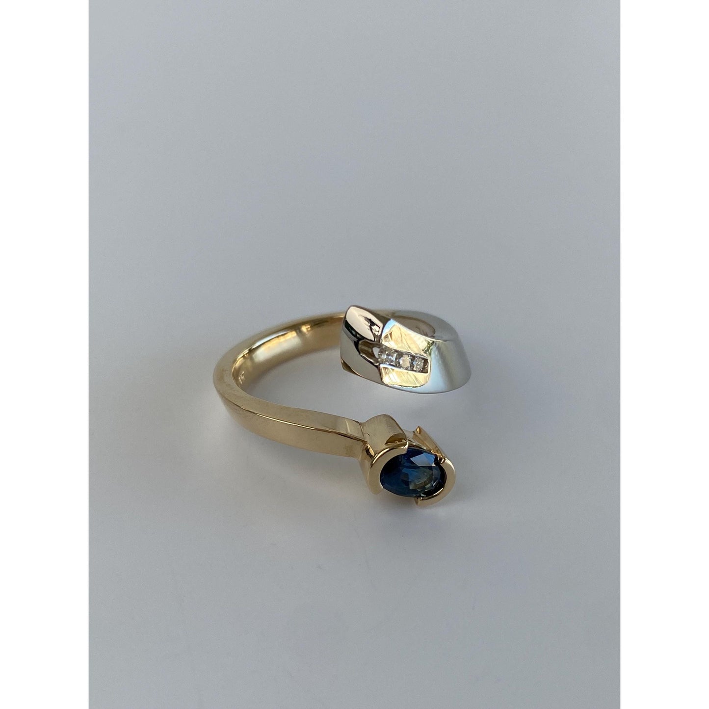 Solid 14k White & Yellow Gold Blue Sapphire Diamond Bypass Ring - Size 6.5