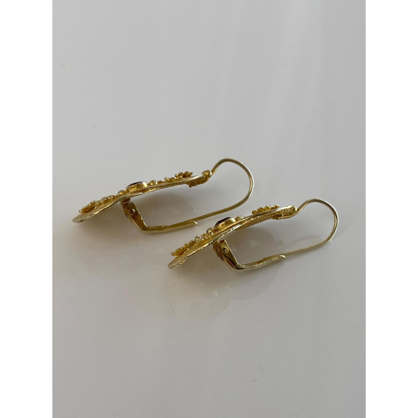 Vintage Solid 14k Yellow Gold Garnet Floral Dangle Earrings