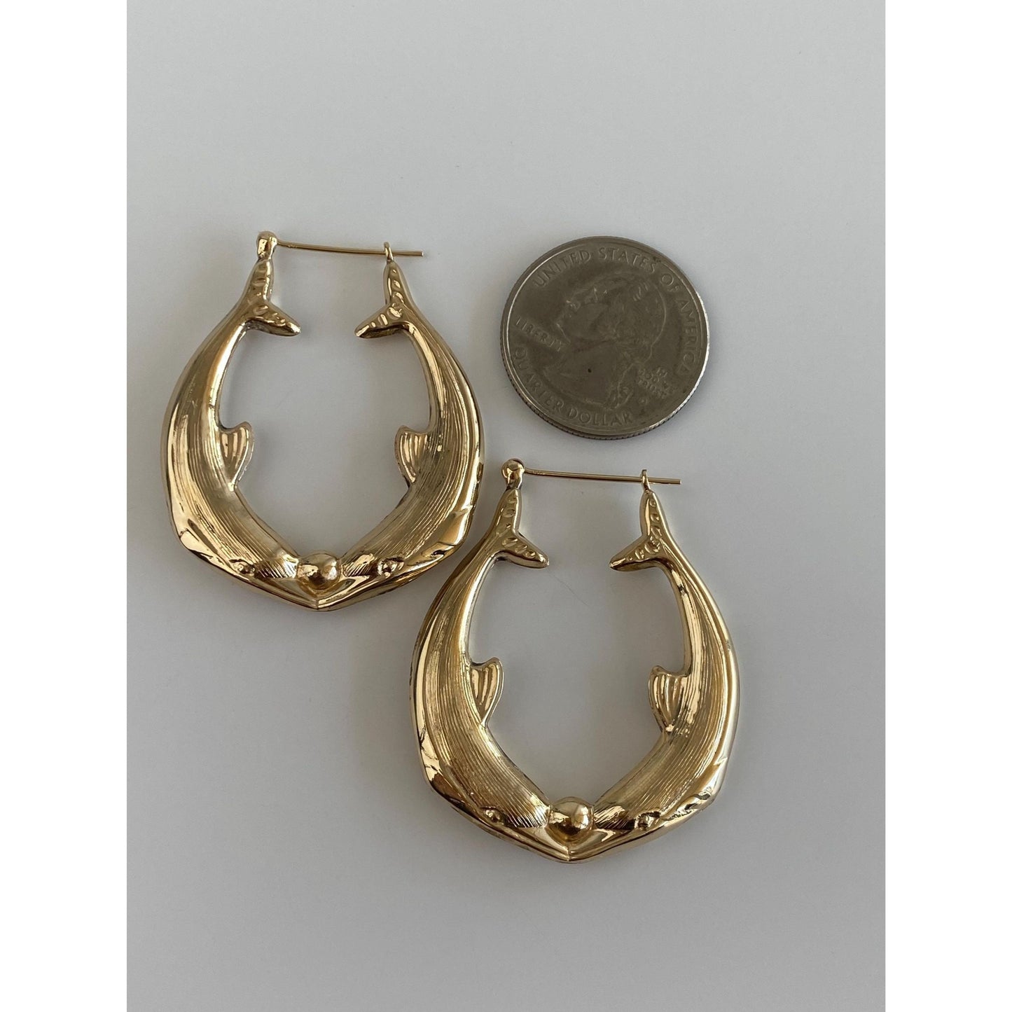 Vintage 14k Yellow Gold Large Dolphin Hoop Earrings