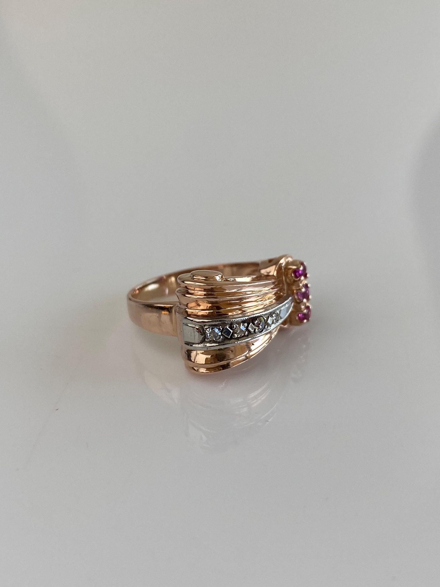 Vintage Solid 14k Rose & White Gold Diamond Pink Spinel Design Ring - Size 3.75