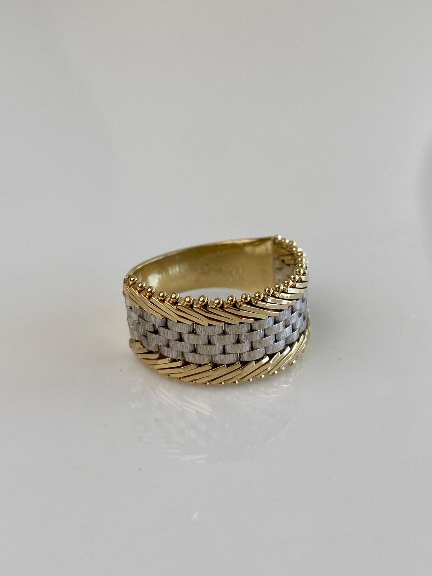 Vintage Solid 14k White & Yellow Gold Mesh Chain Wide Ring Band - Size 9.75