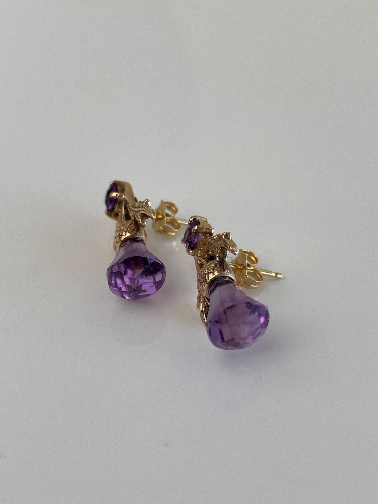 Vintage Solid 10k Yellow Gold Purple Cubic Zirconia Stud Earrings