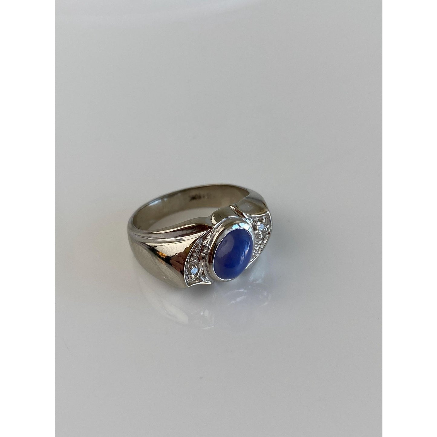 Vintage Solid 10k White Gold Diamond Blue Star Sapphire Ring Band - Size 7.5