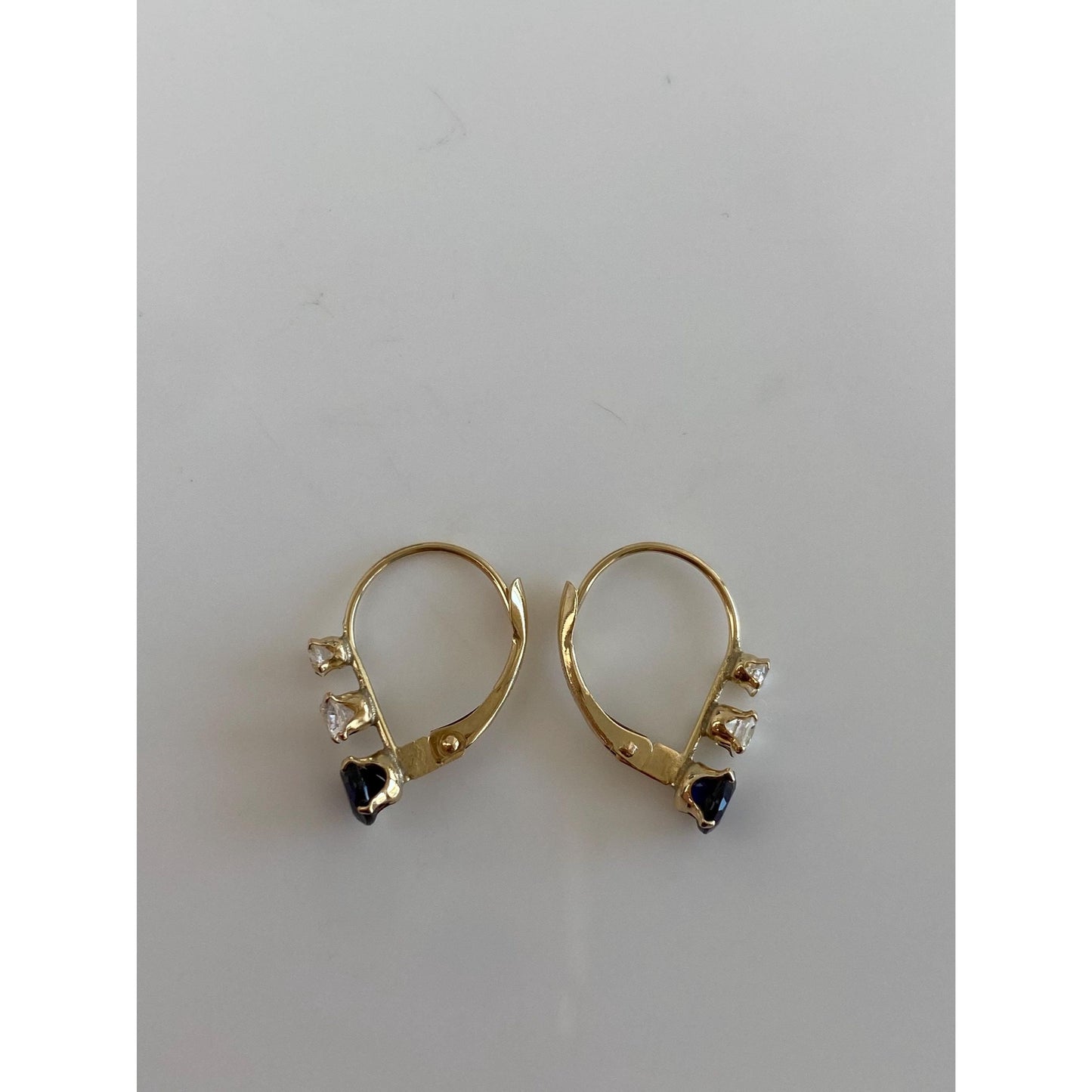 Solid 14k Yellow Gold Sapphire Clear Cubic Zirconia Drop Earrings