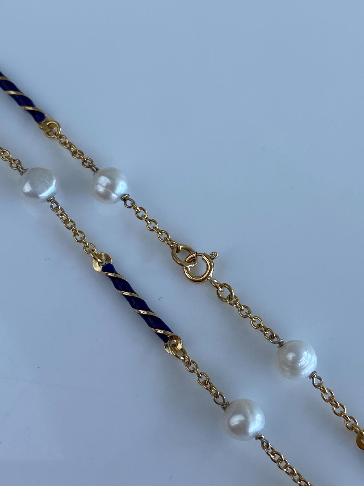 Vintage Solid 18k Yellow Gold Blue Enamel Twist Beads Baroque Pearls Cable Chain Necklace - 23.5 inches