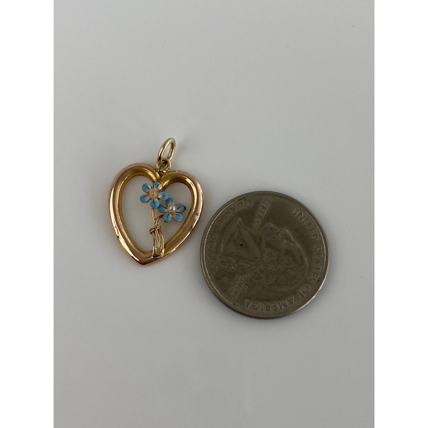 Vintage 14k Yellow Gold Seed Pearls Enamel Flowers Heart Charm