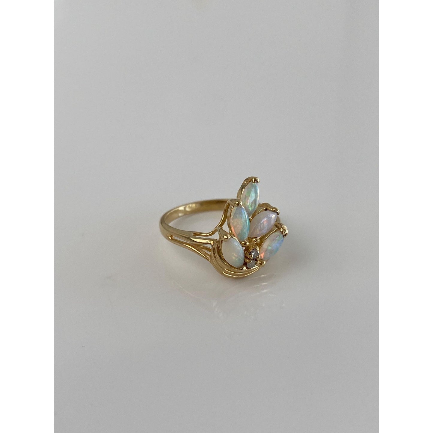 Vintage Solid 14k Yellow Gold Diamond Marquis Opal Ring - Size 5.5