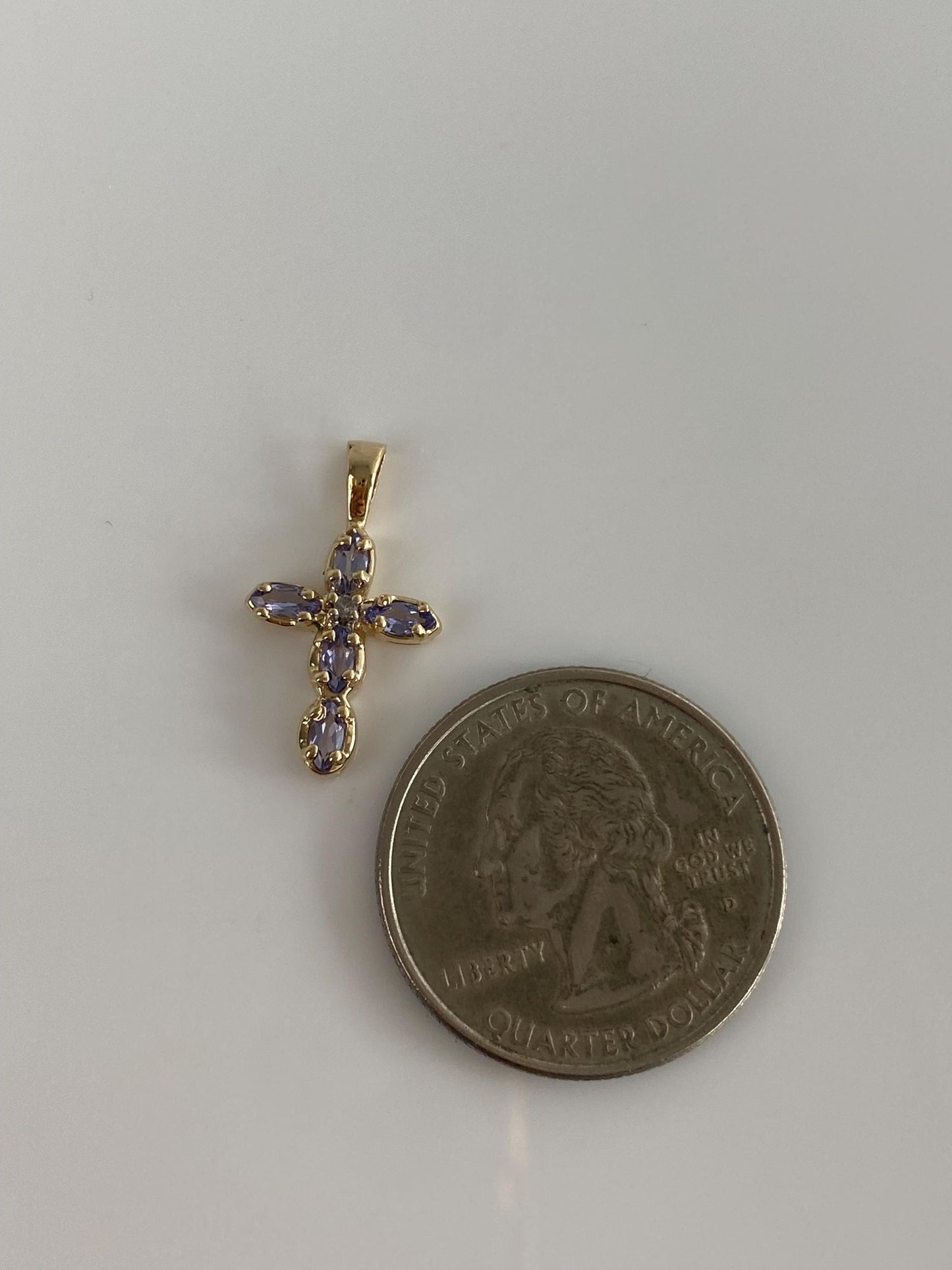 Vintage Solid 14k Yellow Gold Diamond Tanzanite Cross Charm