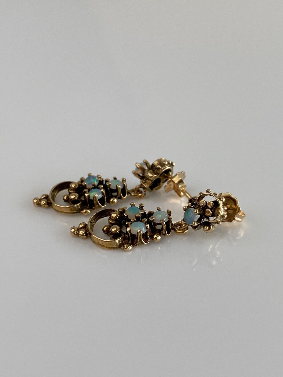 Vintage Solid 14k Yellow Gold Opal Ornate Dangle Stud Earrings
