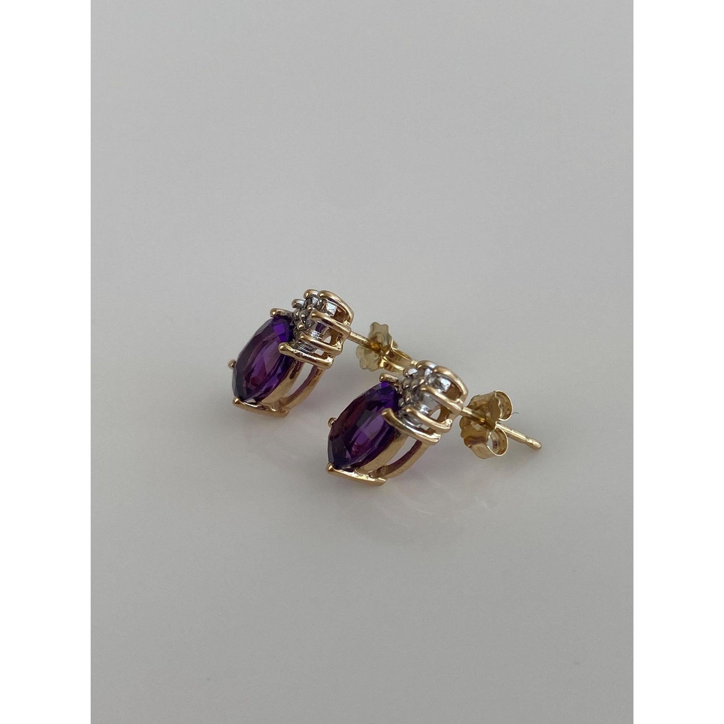 Vintage Solid 14k Yellow Gold Diamond Amethyst Stud Earrings