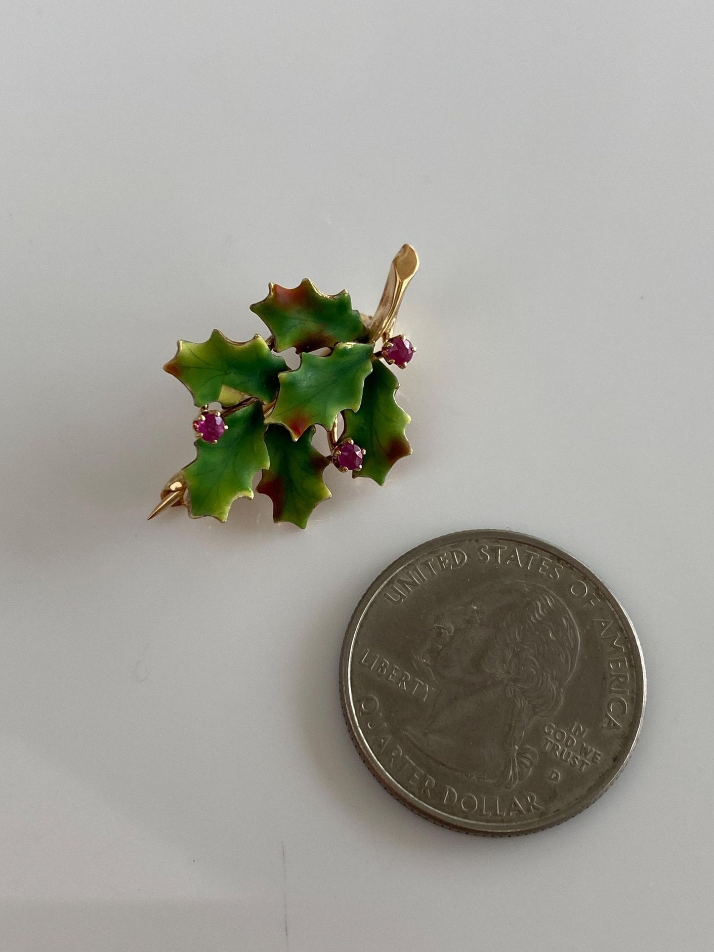 Vintage Solid 14k Yellow Gold Enamel Pink Spinel Large Mistletoe Pin