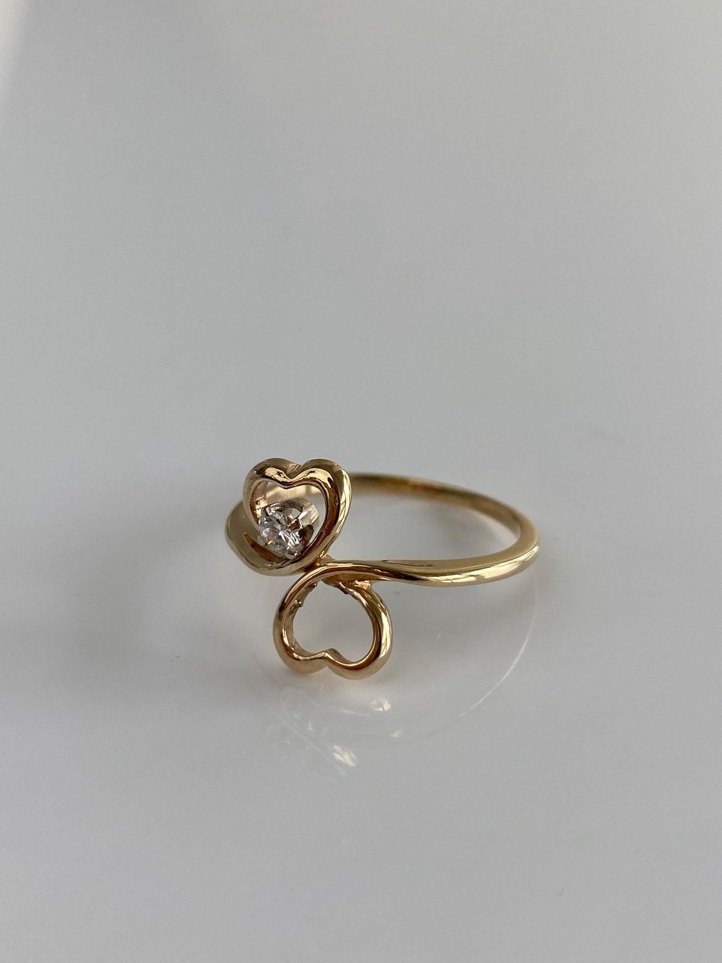 Vintage Solid 14k Yellow Gold Diamond Hearts Ring - Size 7.75