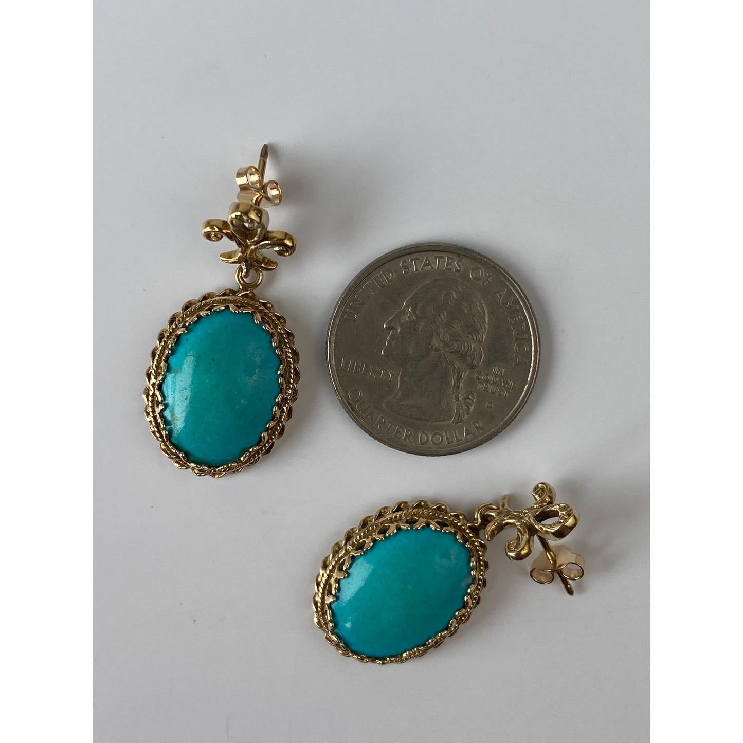 Vintage Solid 14k Yellow Gold Turquoise Ornate Dangle Stud Earrings