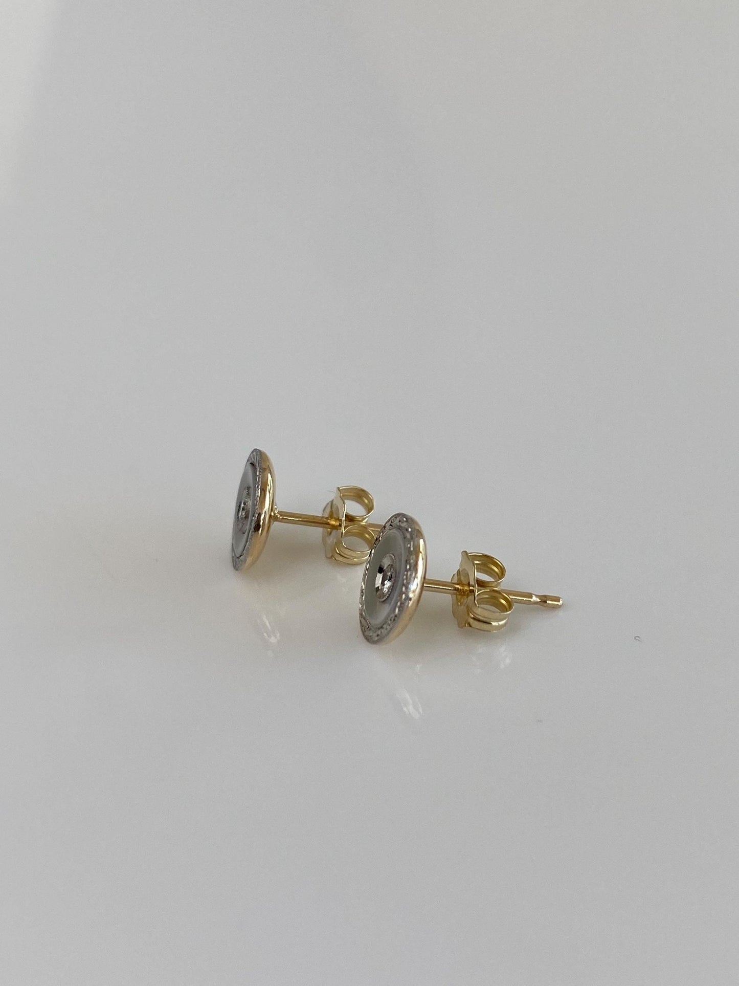 Vintage Solid 14k Yellow Gold & Platinum Mother of Pearl Diamond Little Cufflink Stud Earrings