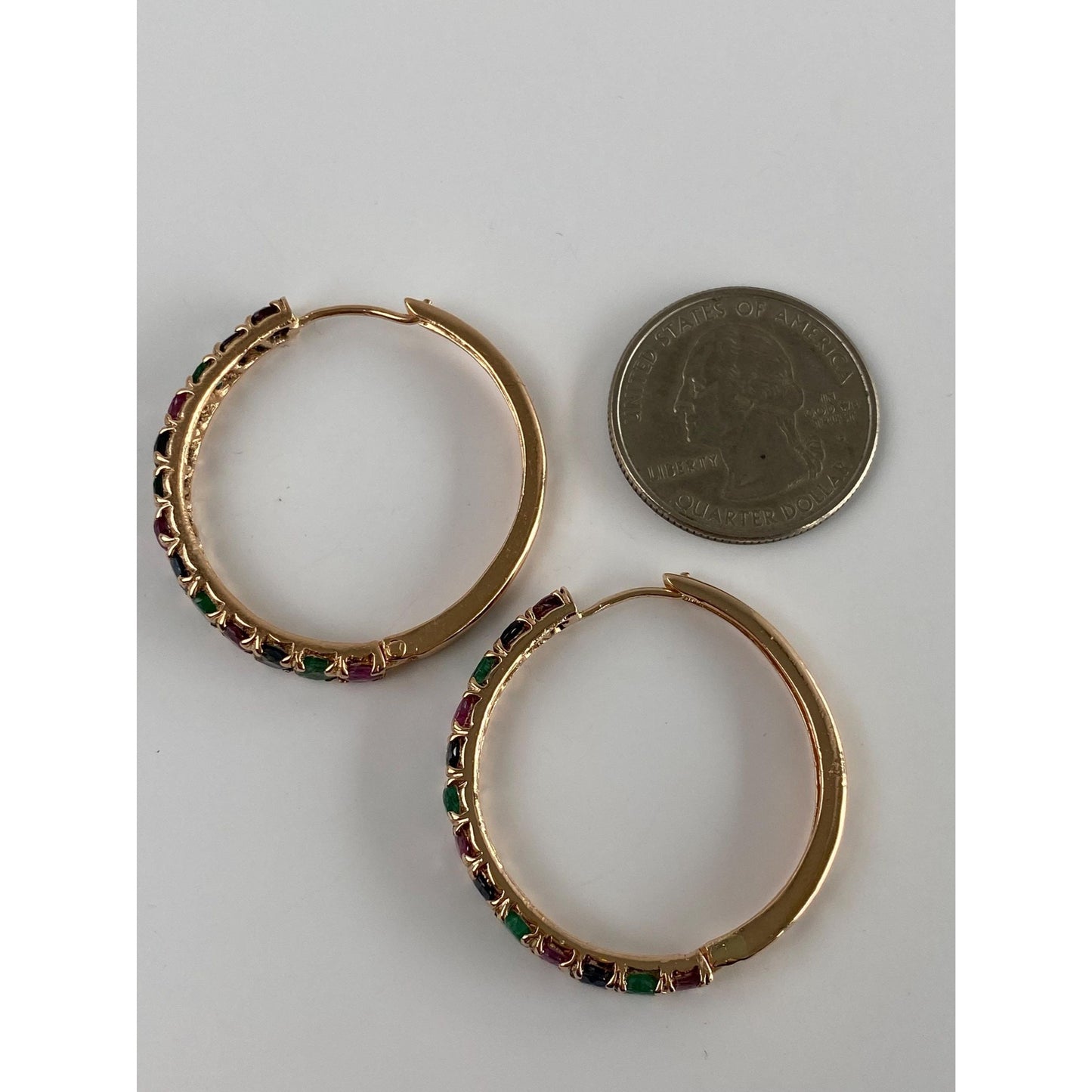 Vintage Solid 14k Rosey Gold Emerald & Spinel Hoop Earrings