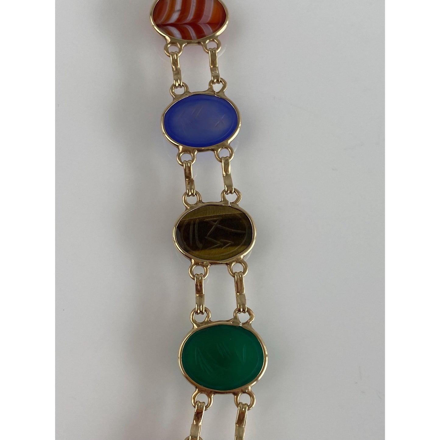 Solid 14k Yellow Gold Bloodstone Striped Agate Blue Chalcedony Tigers Eye Green Quartz Carnelian Agate Scarab Link Bracelet - 7.5 inches