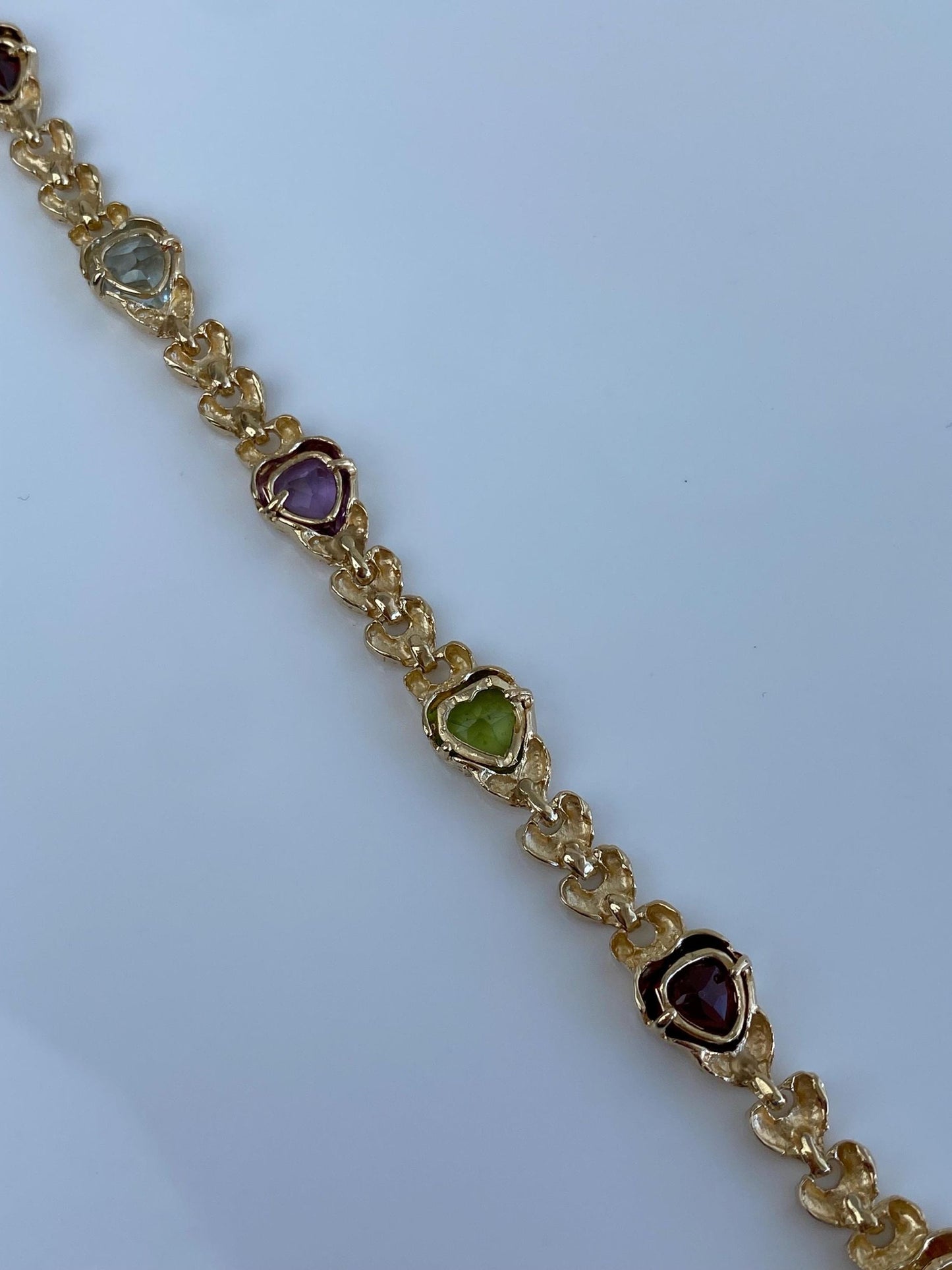 Vintage Solid 14k Yellow Gold Amethyst Citrine Topaz Garnet Peridot Heart Link Bracelet - 7 inches