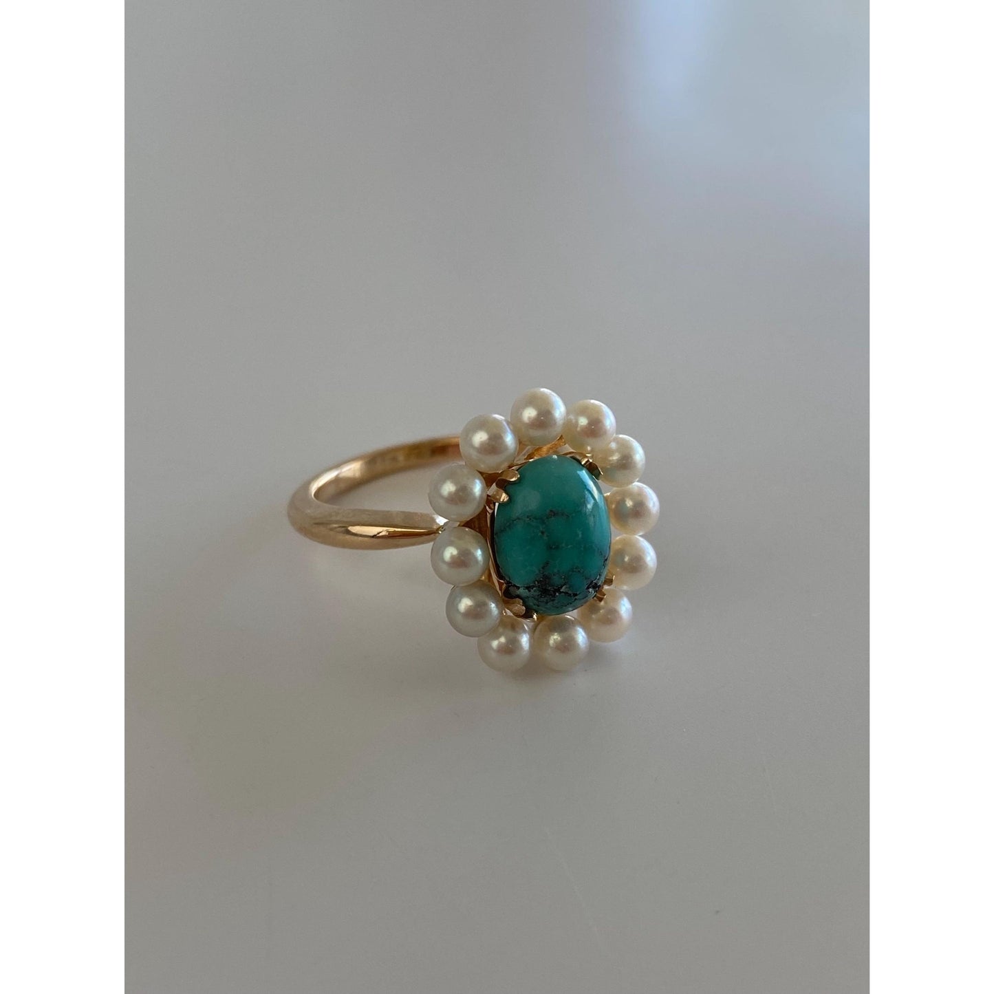 Vintage Solid 14k Yellow Gold Pearl Halo Turquoise Ring - Size 4.5