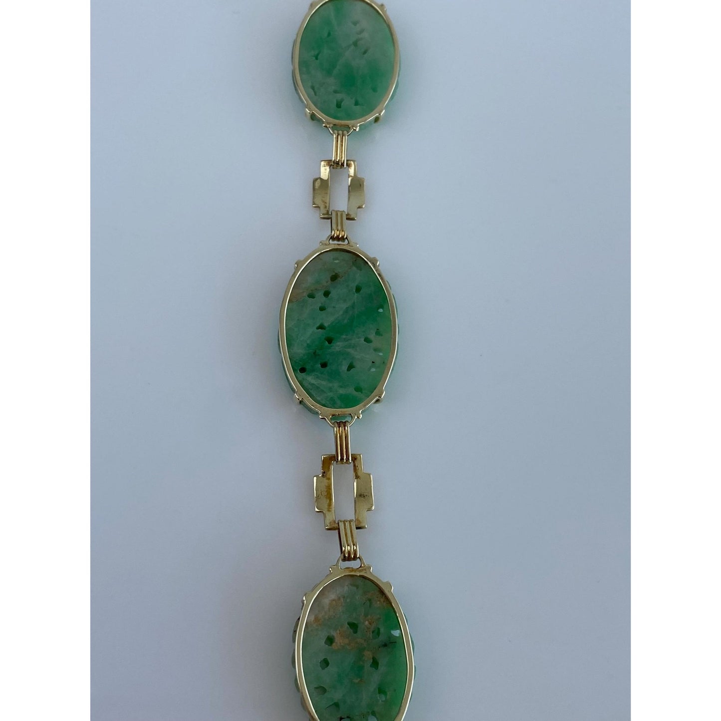 Solid 14k Yellow Gold Floral Carved Jade Link Bracelet - 7 Inches