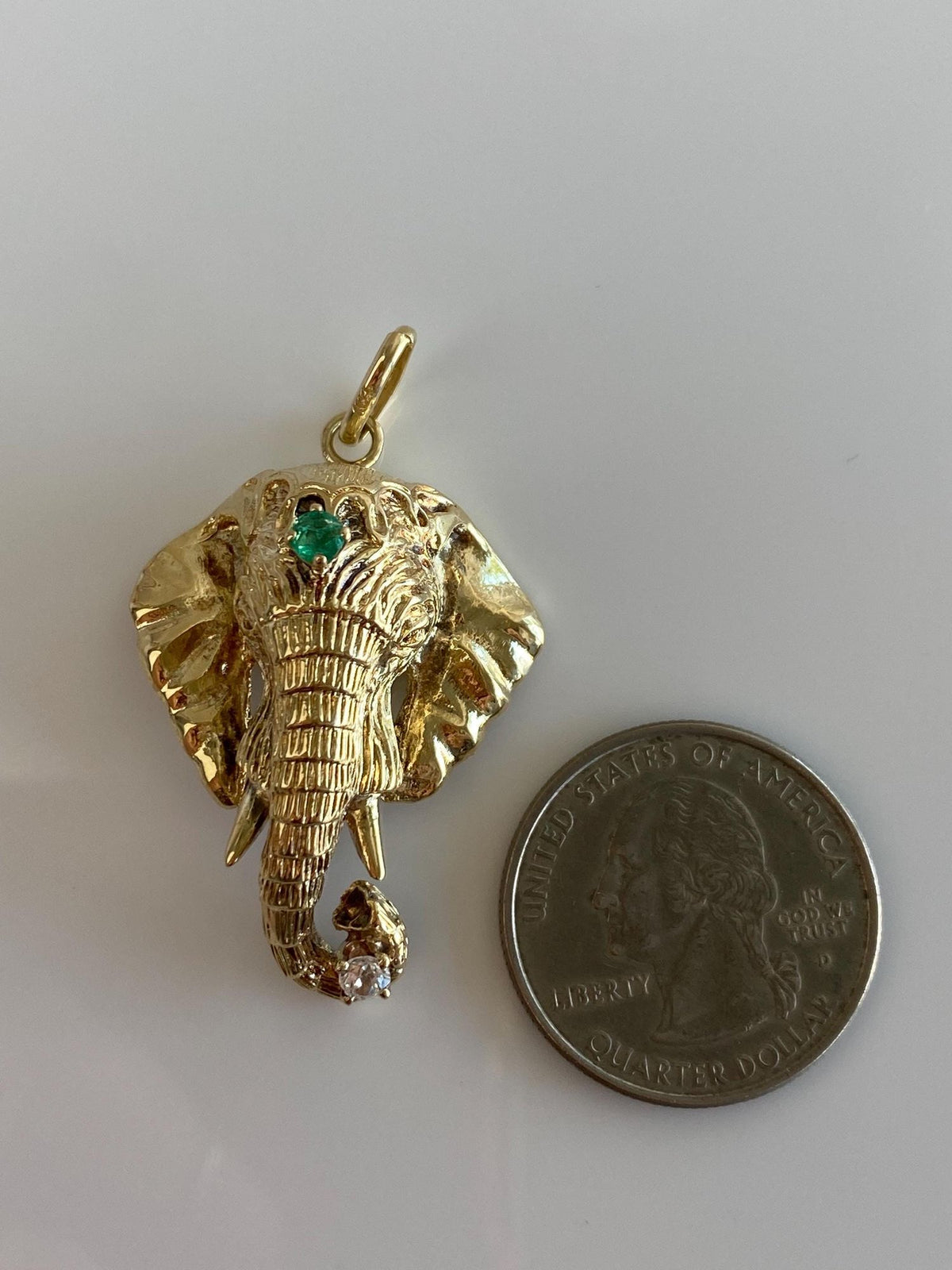 Vintage Solid 14k Yellow Gold Diamond Emerald Elephant Charm