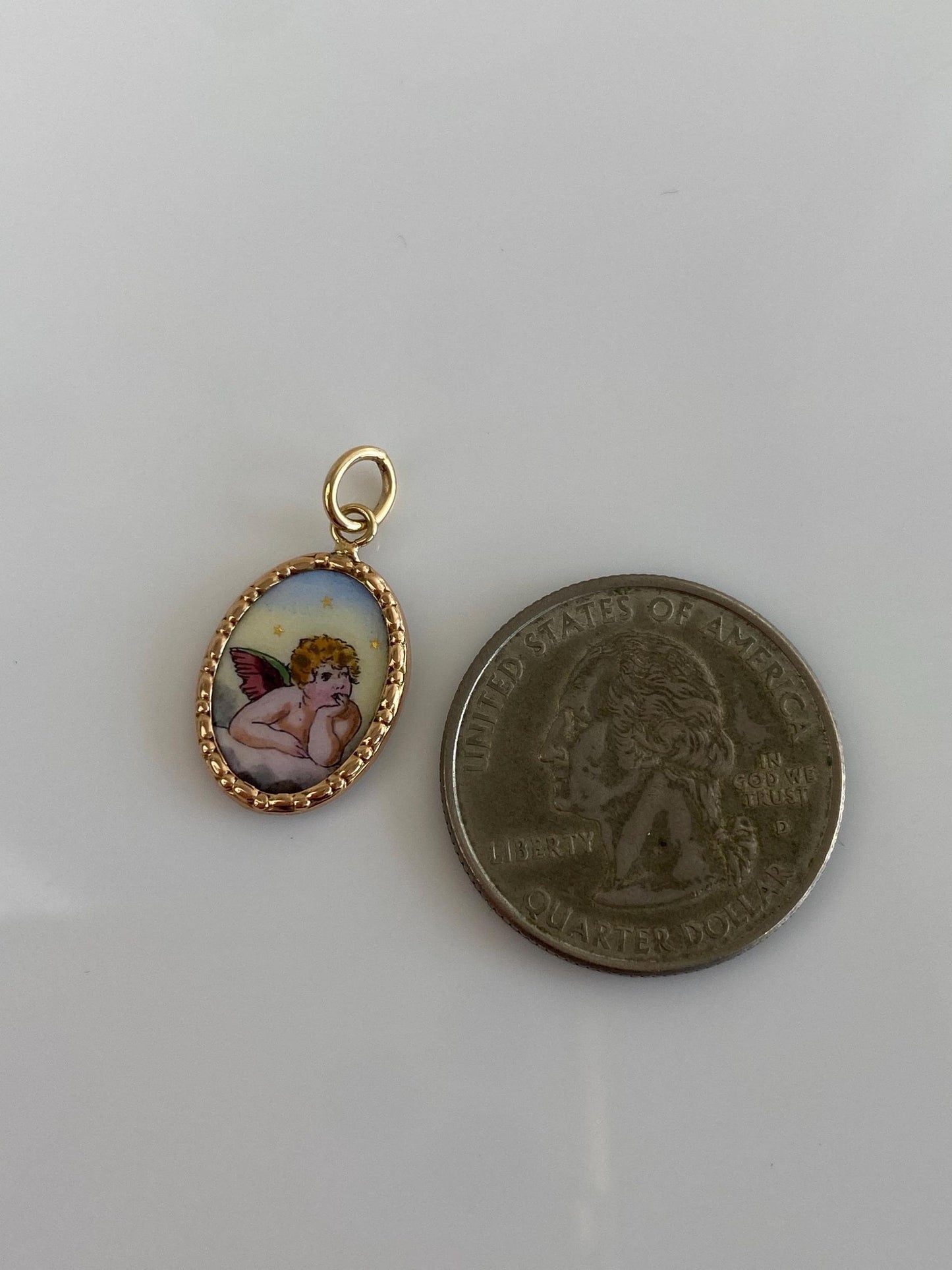 Vintage Solid 14k Yellow Gold Enamel Angel Cherub Charm