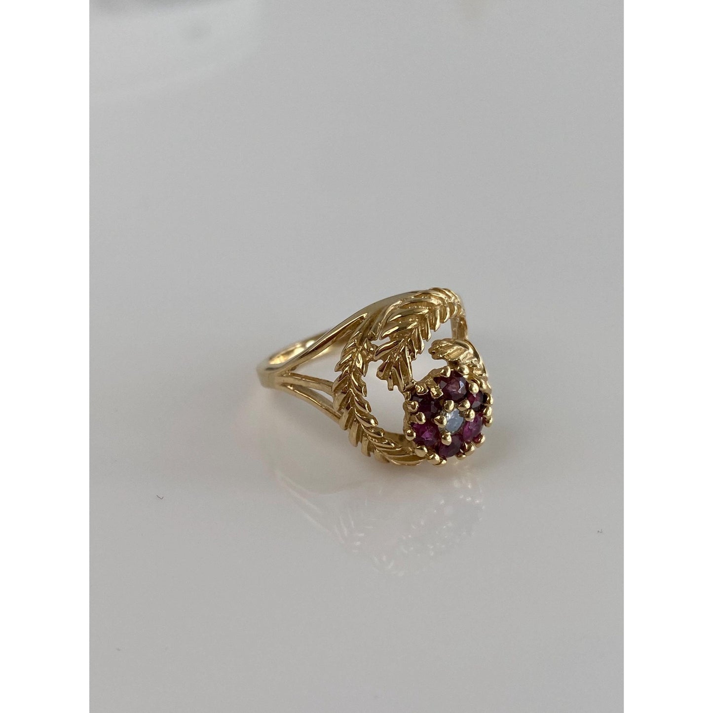 Vintage Solid 14k Yellow Gold Diamond Pink Sapphire Flower Wheat Ring - Size 5.5