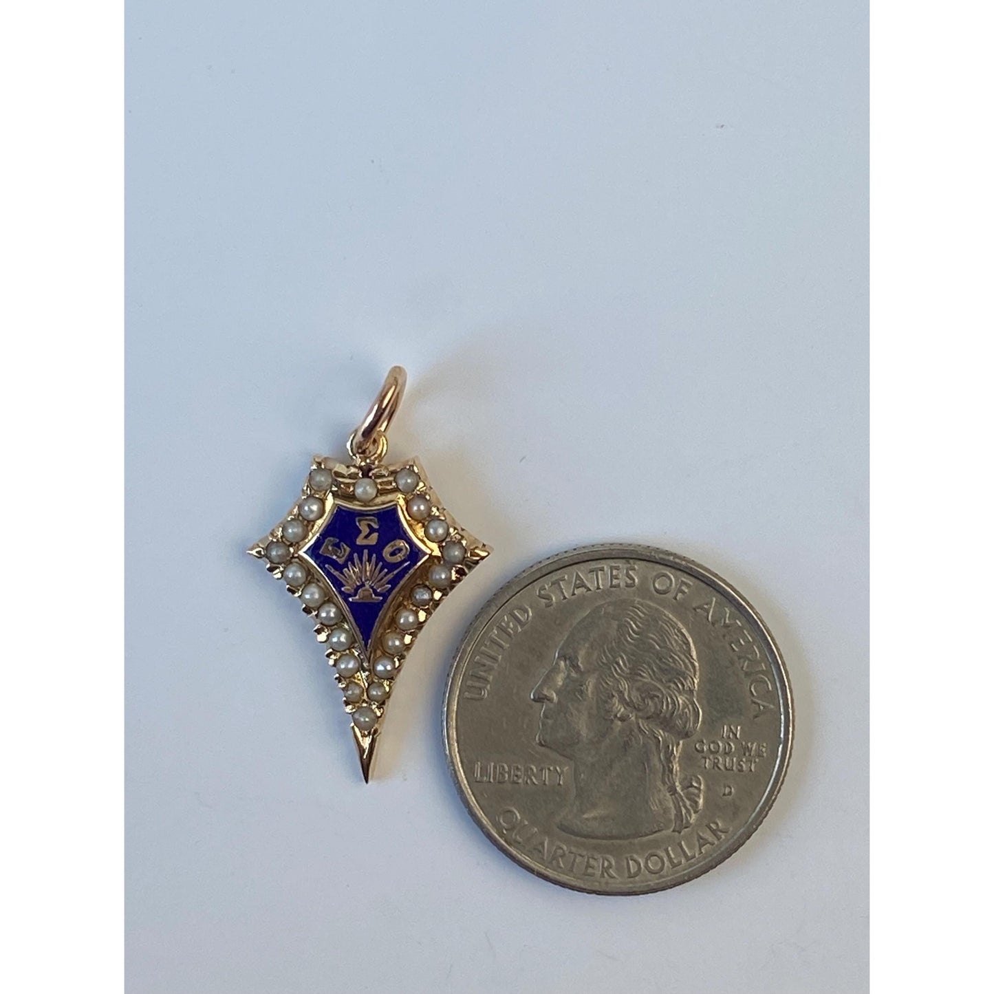 Vintage Solid 14k Yellow Gold Seed Pearl Blue Enamel Fraternity Charm