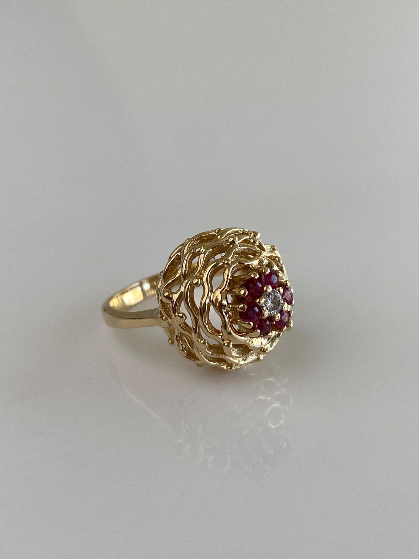 Vintage Solid 14k Yellow Gold Diamond Ruby Halo Open Texture Ring - Size 4.75
