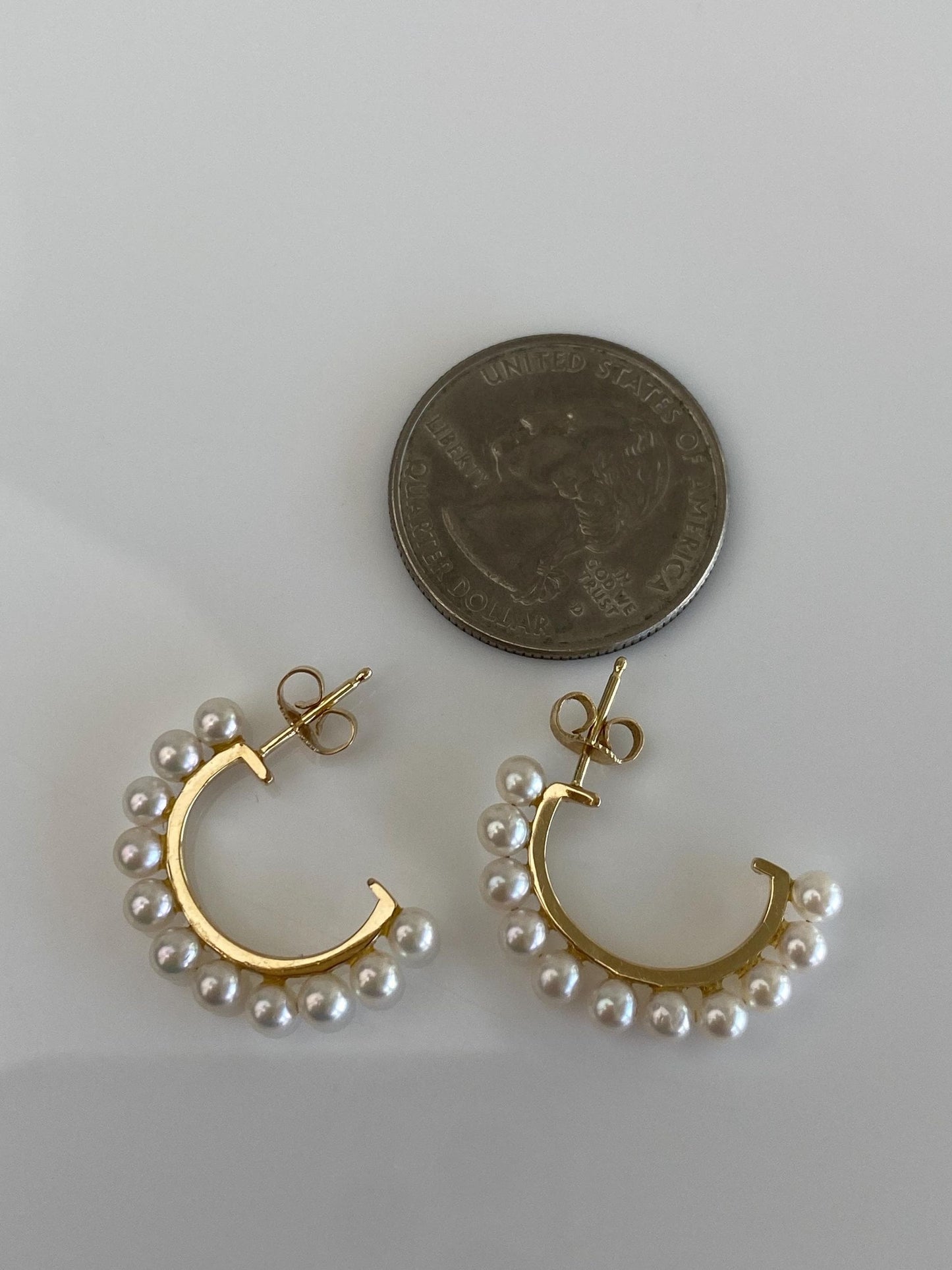 Vintage Solid 14k Yellow Gold Pearl Hoop Stud Earrings