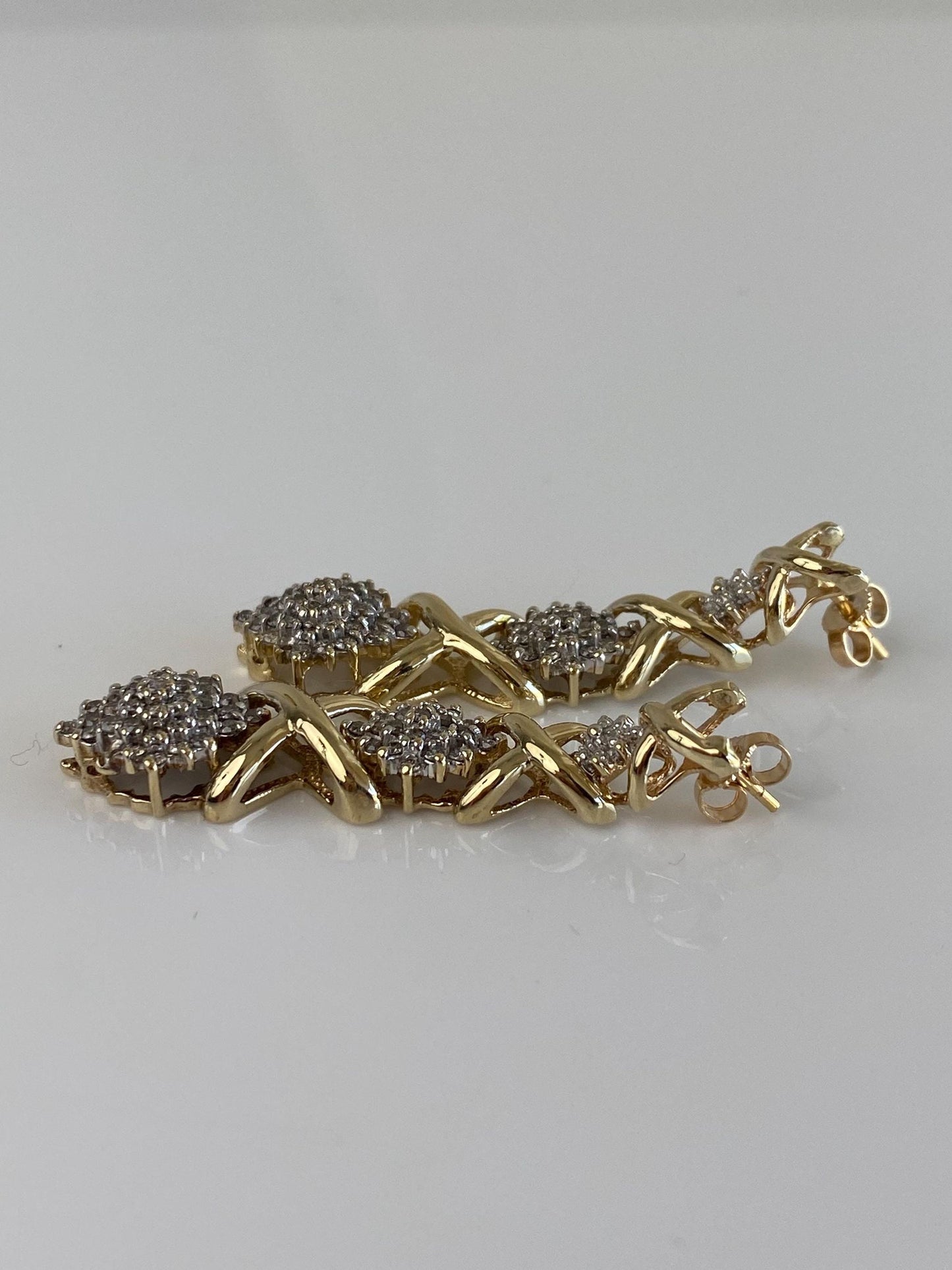 Vintage Solid 10k Yellow Gold Diamond Cluster X Link Drop Earrings