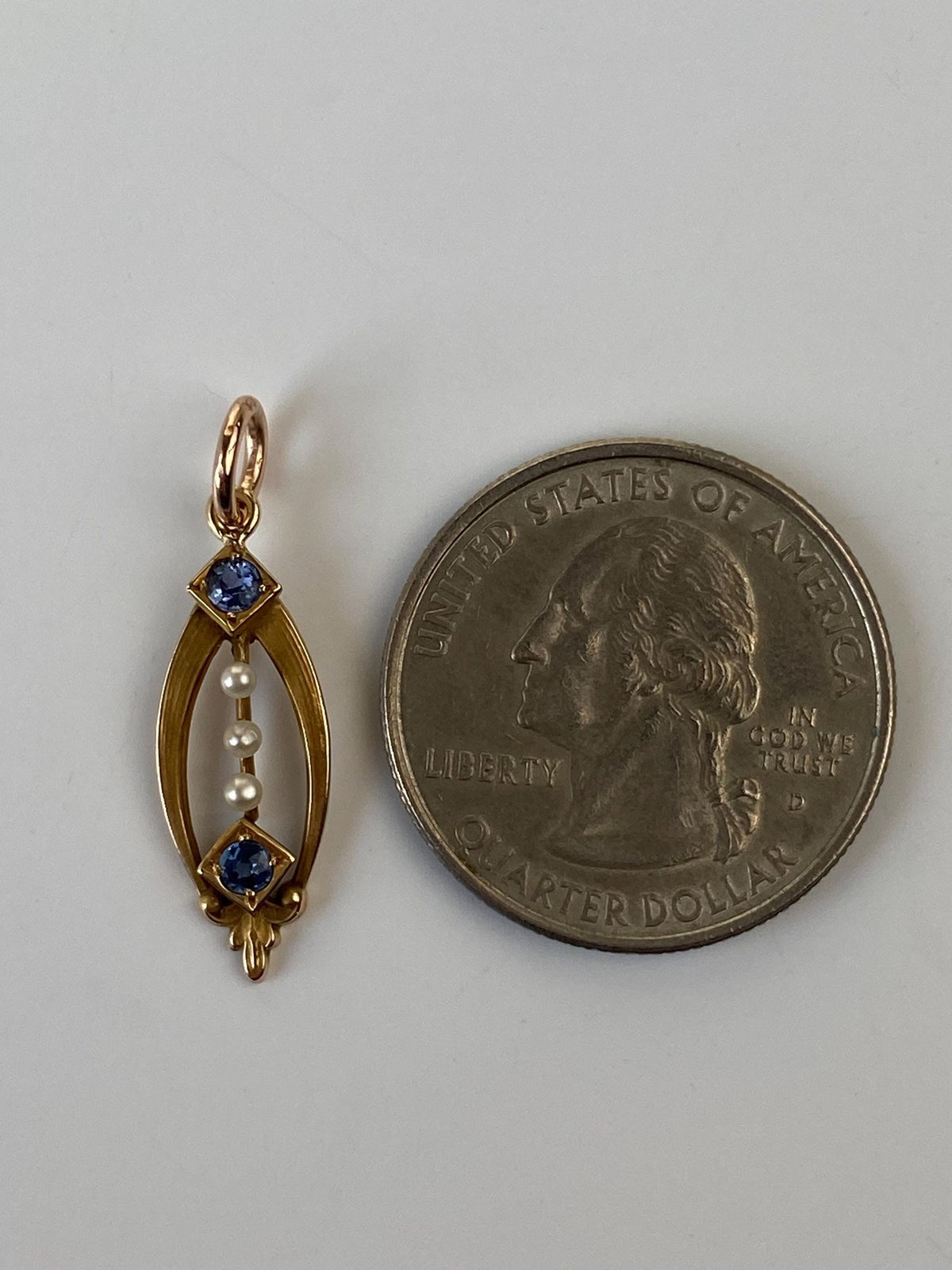 Vintage Solid 14k Yellow Gold Blue Sapphire Seed Pearl Charm