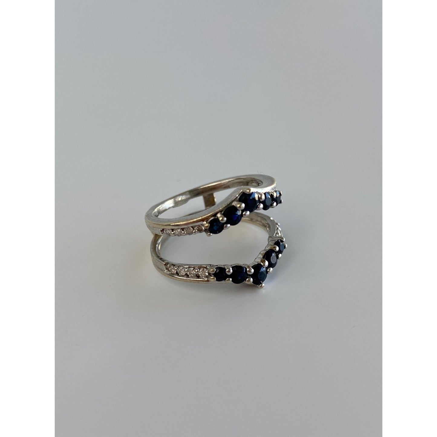 Solid 14k White Gold Blue Sapphire Clear Sapphire Double Ring - Size 4.25