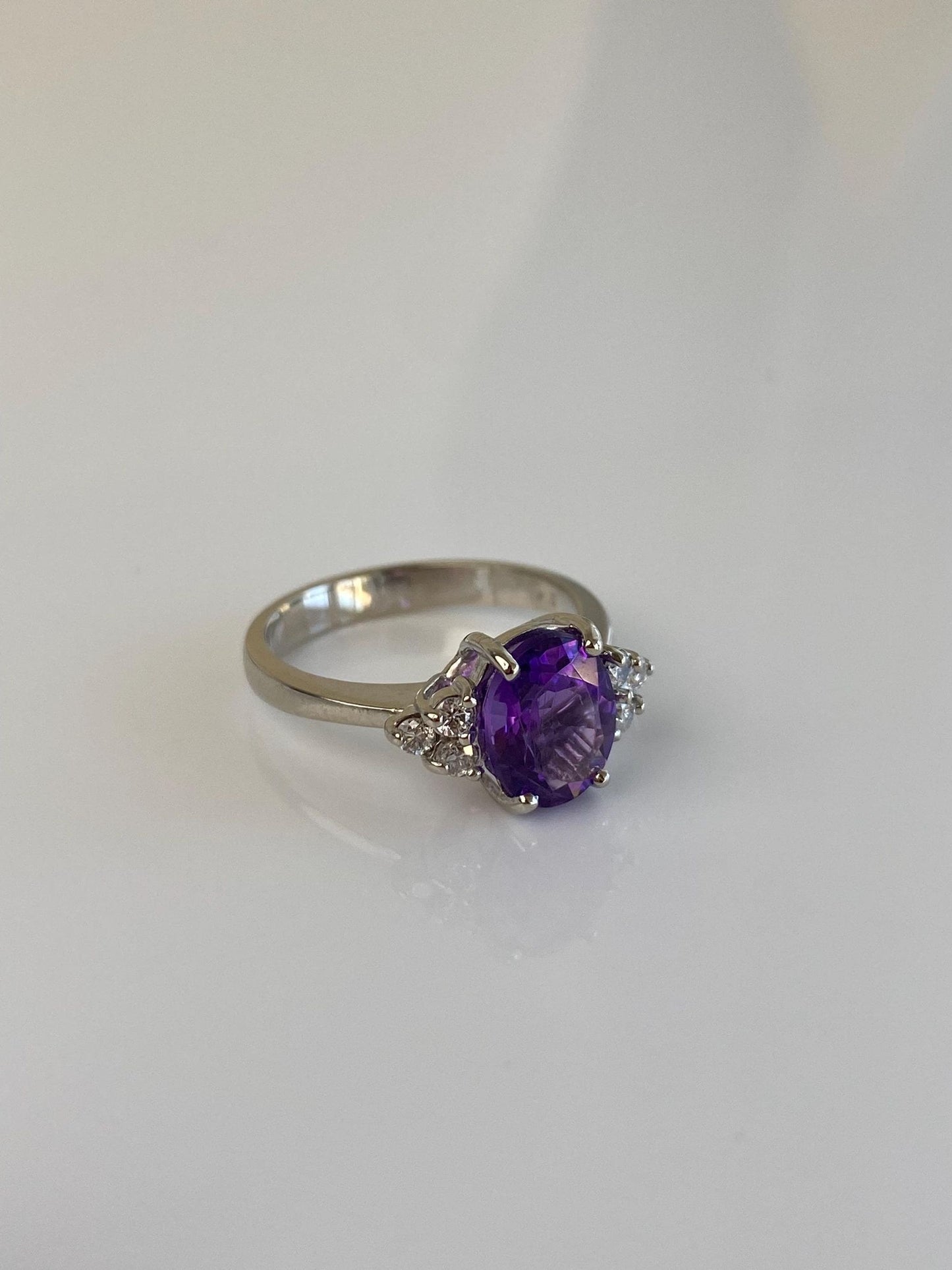 Vintage Solid 14k White Gold Diamond Amethyst Ring - Size 6.25