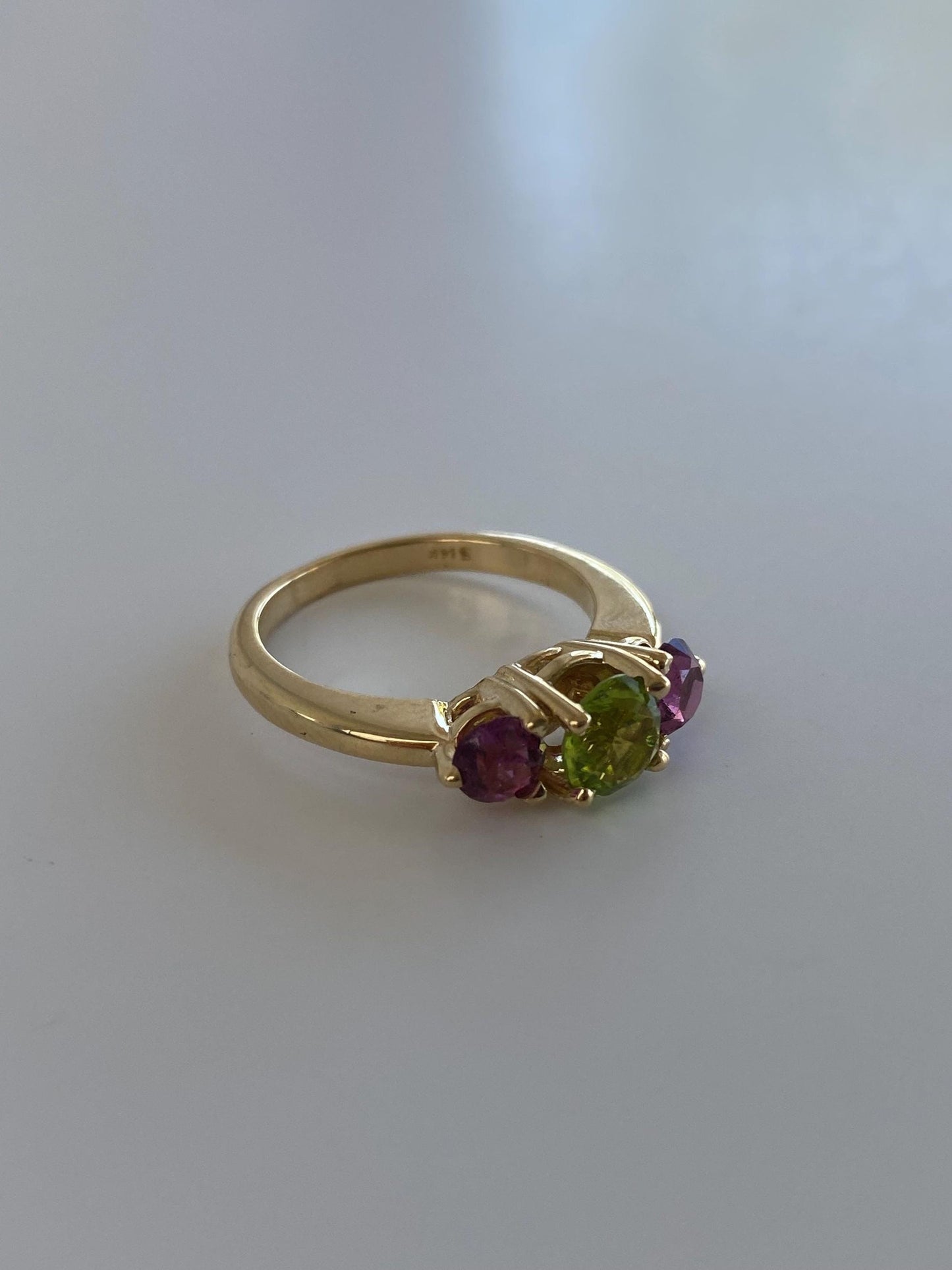 Solid 14k Yellow Gold Peridot Pink Tourmaline Ring - Size 6.25