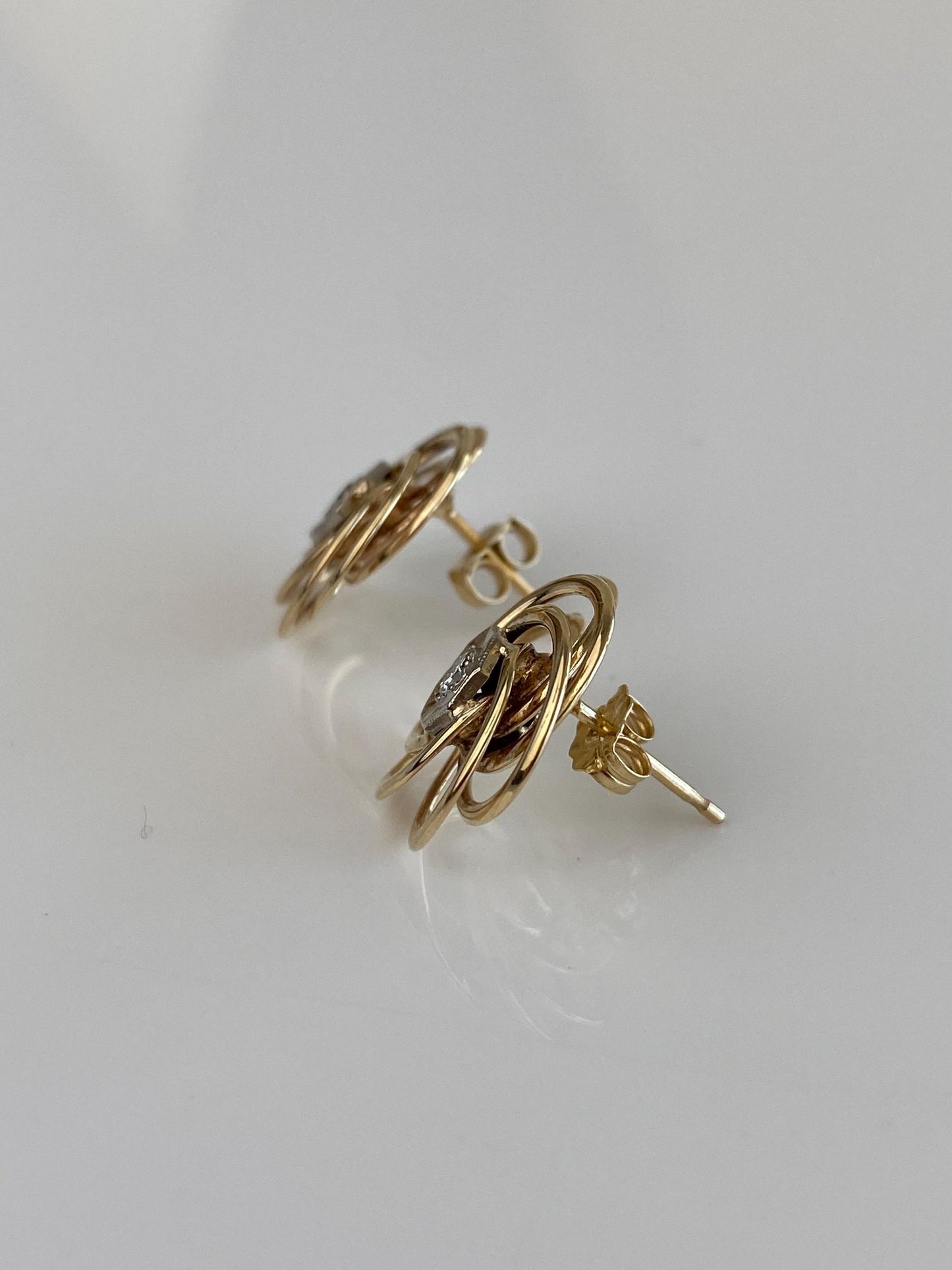 Vintage Solid 10k White & Yellow Gold Diamond Knot Stud Earrings