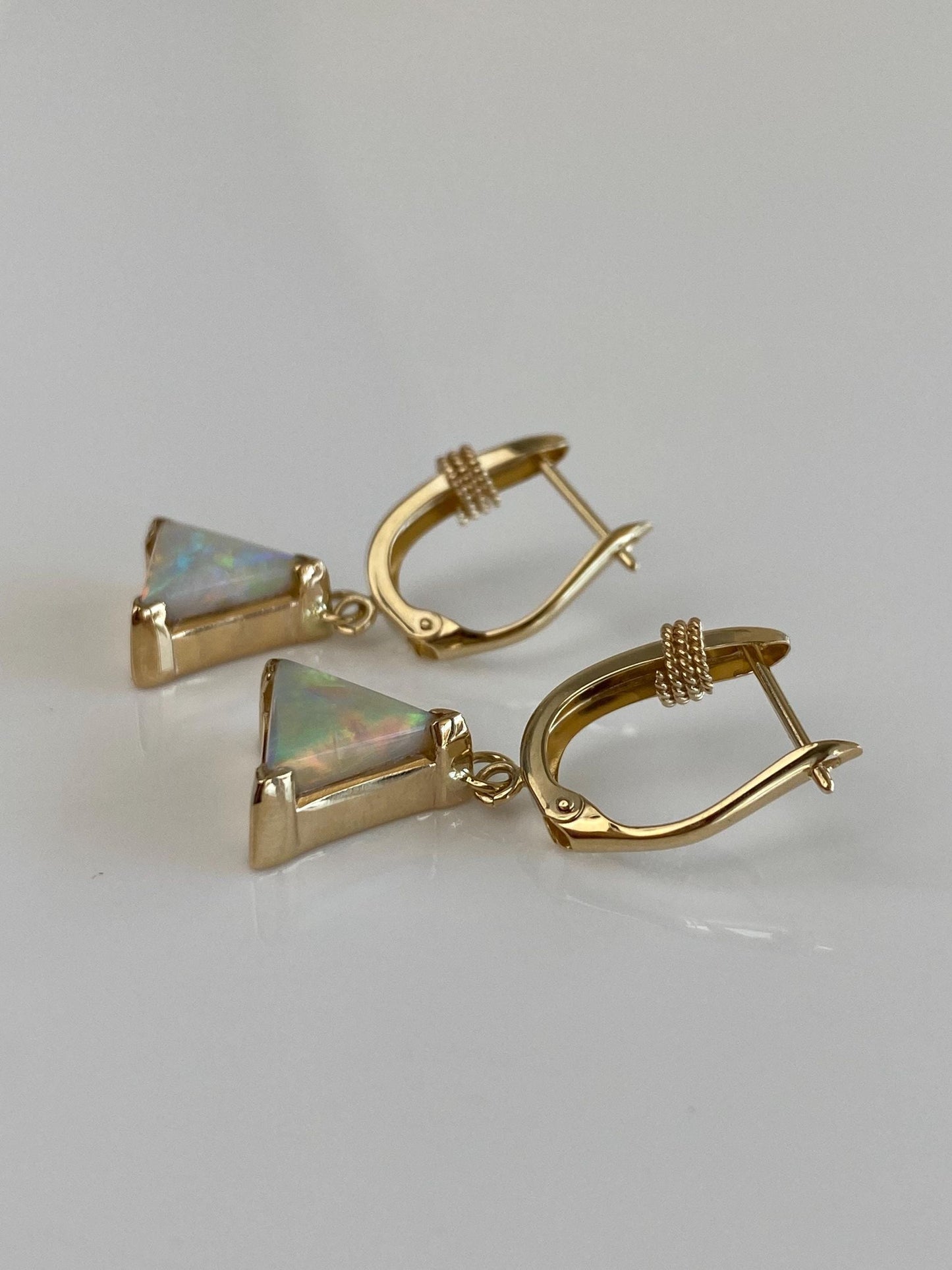 Vintage Solid 14k Yellow Gold Opal Triangle Charm Hoop Earrings