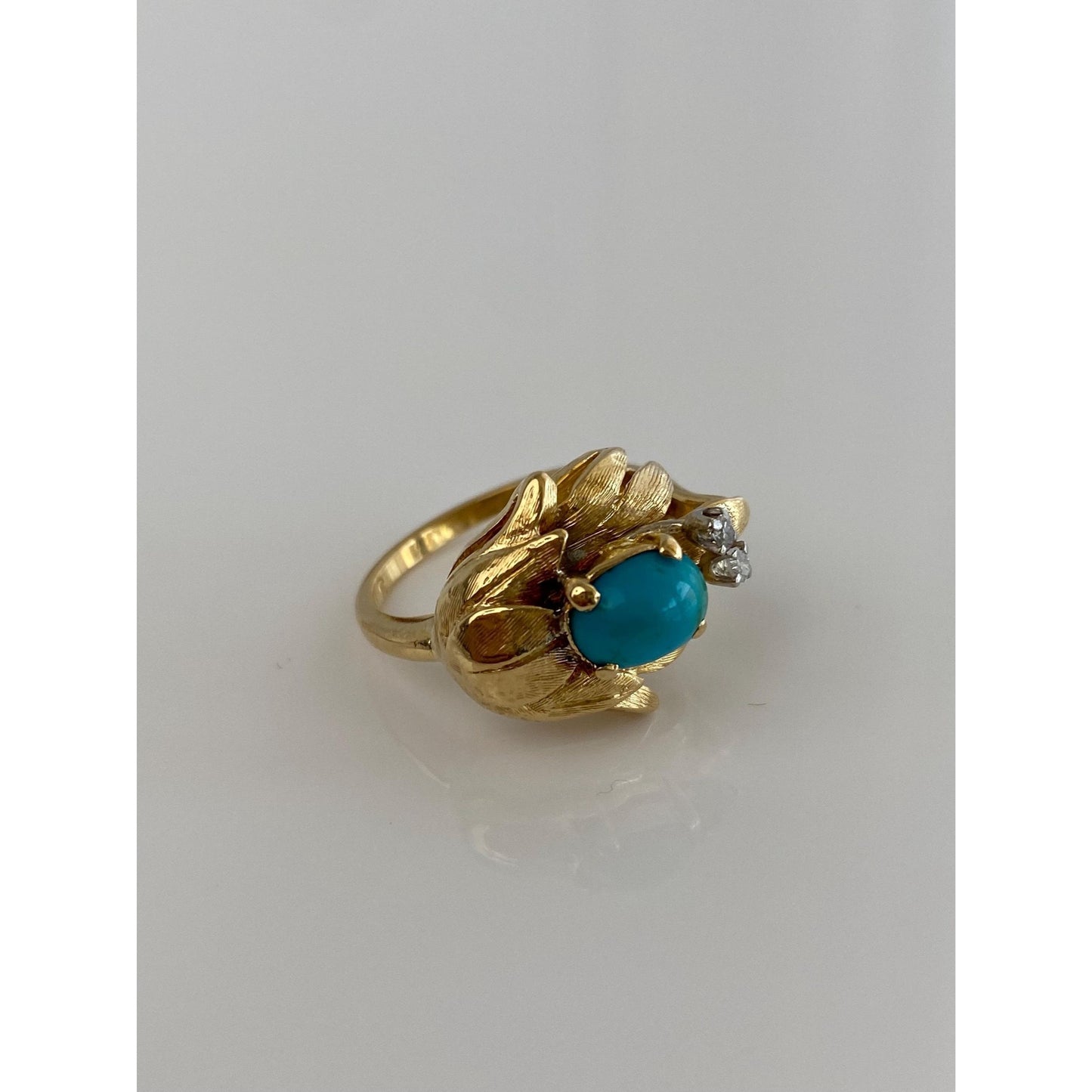 Vintage Solid 18k Yellow Gold Turquoise Clear Sapphire Ring - Size 6.75