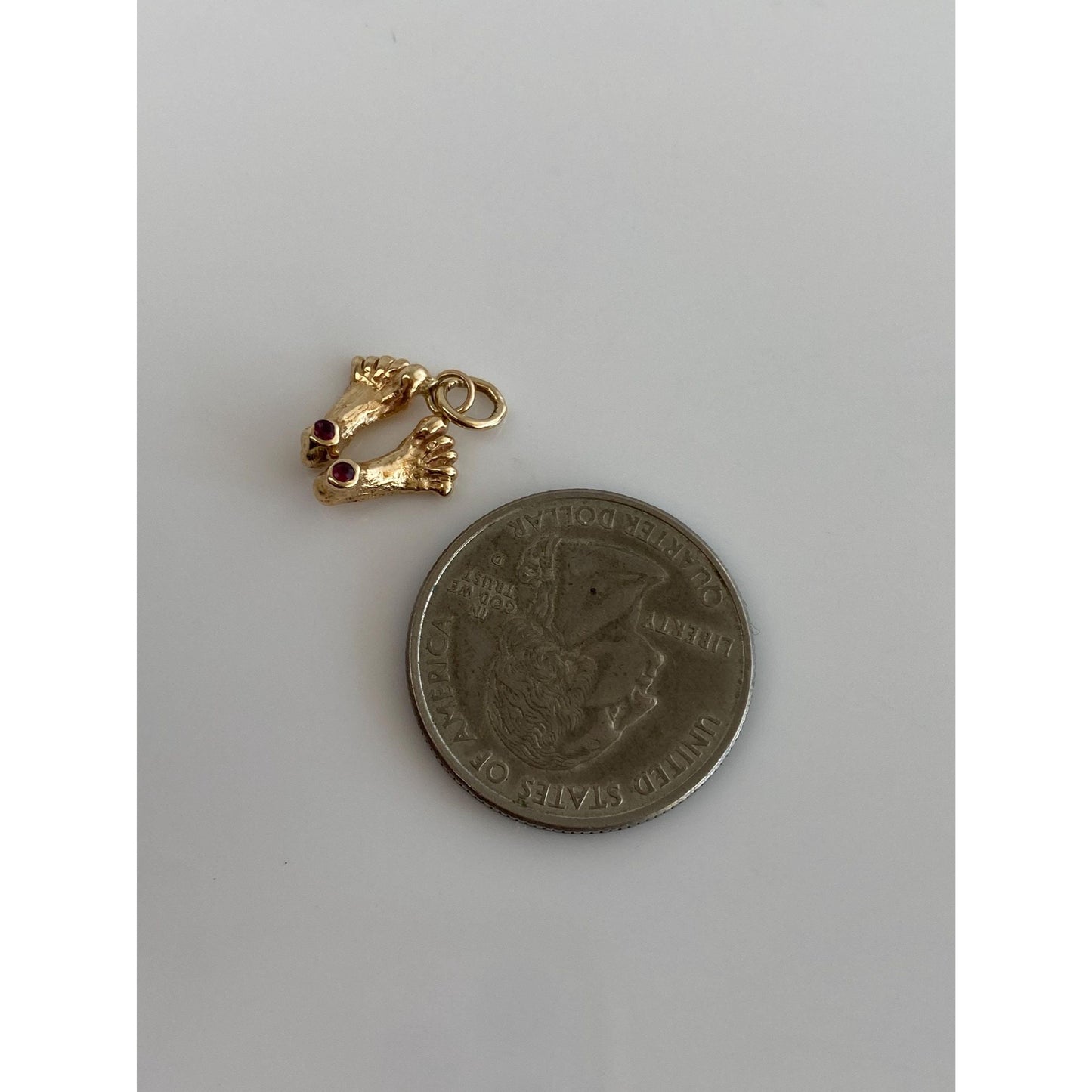 Vintage Solid 14k Yellow Gold Pink Spinel Feet Charm