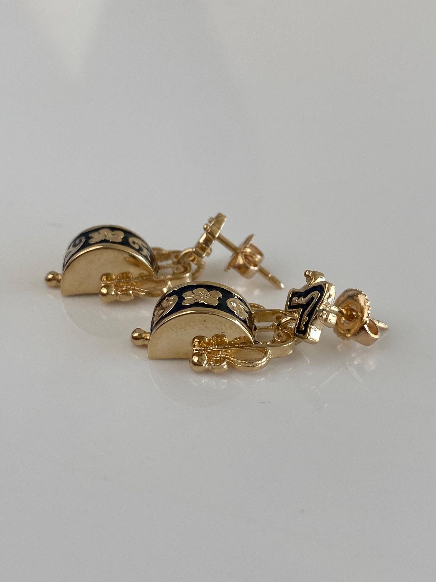 Vintage Solid 14k Yellow Gold Enamel Design Dangle Stud Earrings