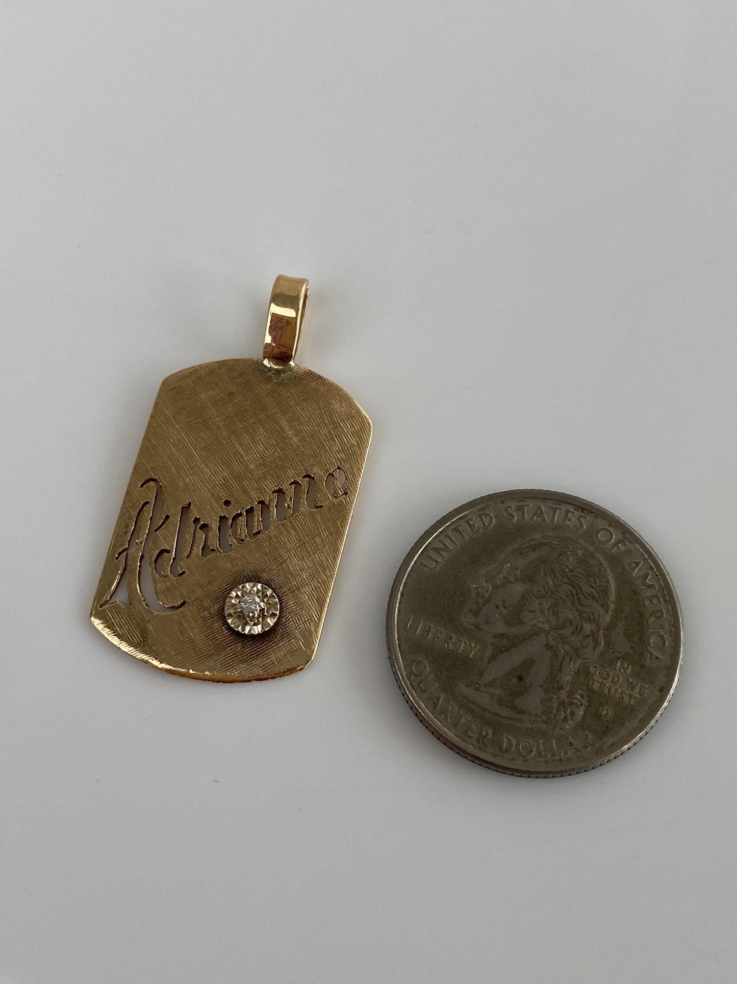 Vintage Solid 14k Yellow Gold Diamond Crosshatch 'Adrianne' Name Tag Charm