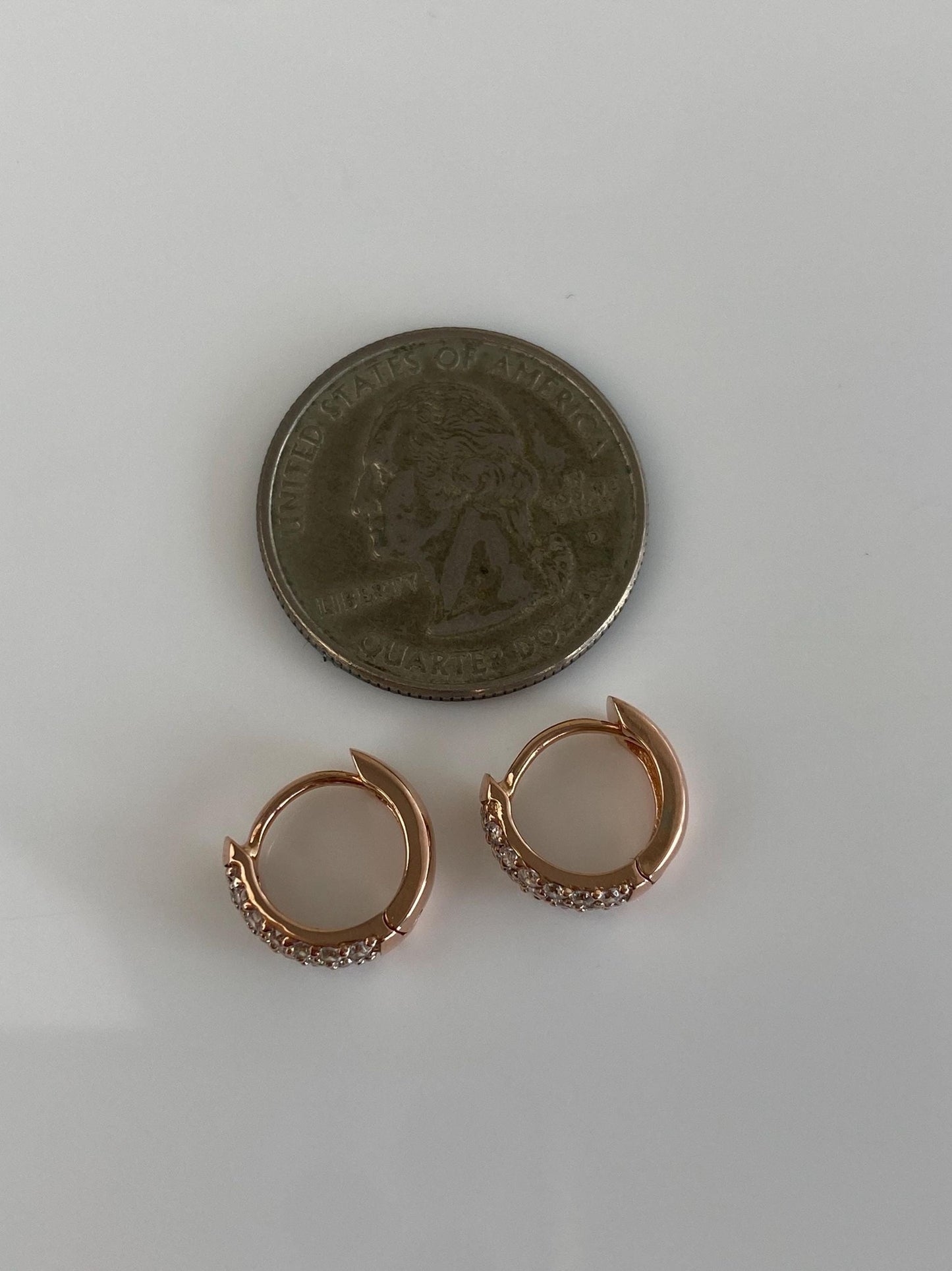 Vintage Solid 14k Rose Gold Clear Cubic Zirconia Huggie Hoop Earrings