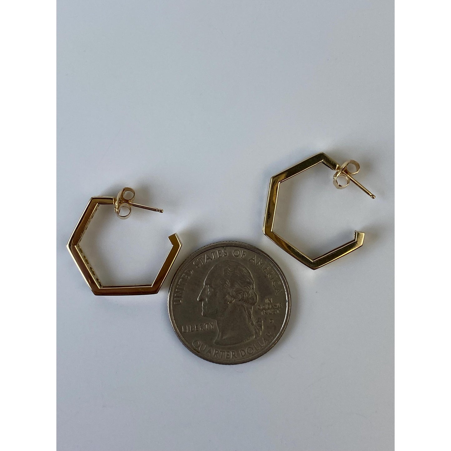 Solid 14k Yellow Gold Cubic Zirconia Hexagonal Hoop Earrings