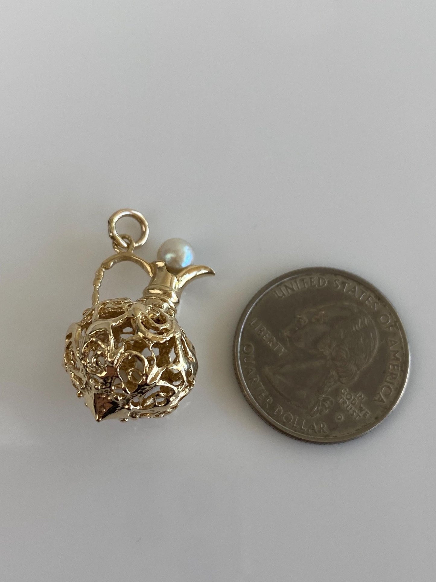 Vintage Solid 14k Yellow Gold Pearl Open Work Pitcher Charm