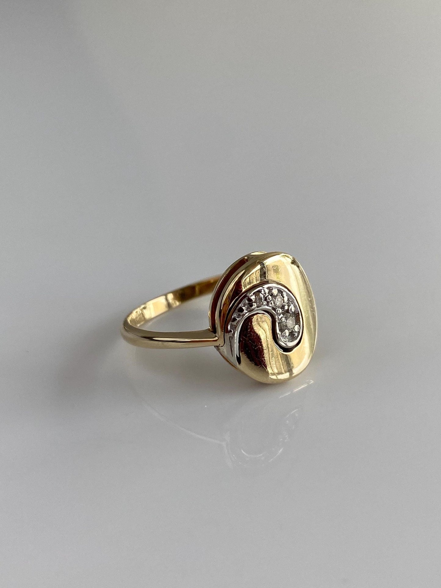 Vintage Solid 14k White & Yellow Gold Diamond Yin Yang Ring - Size 6.25