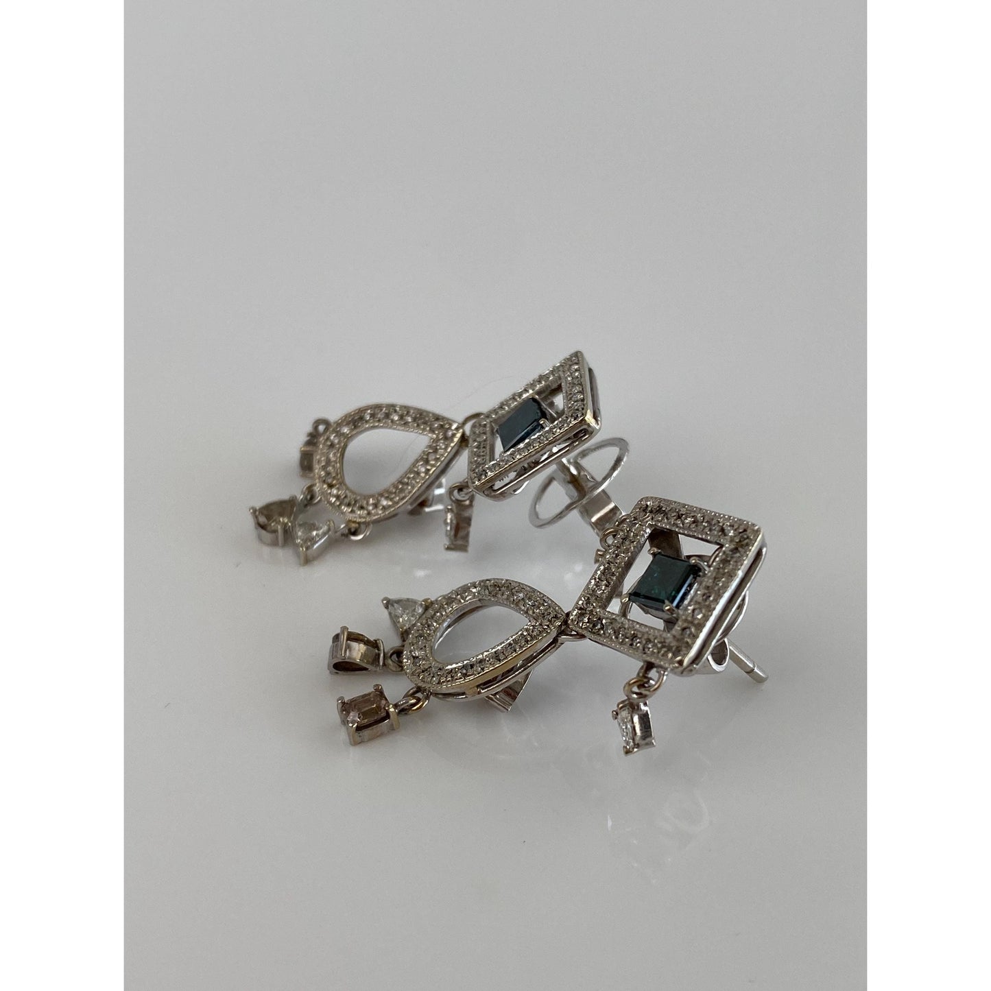 Vintage Solid 14k White Gold Blue Brown & Clear Diamond Drop Dangle Earrings