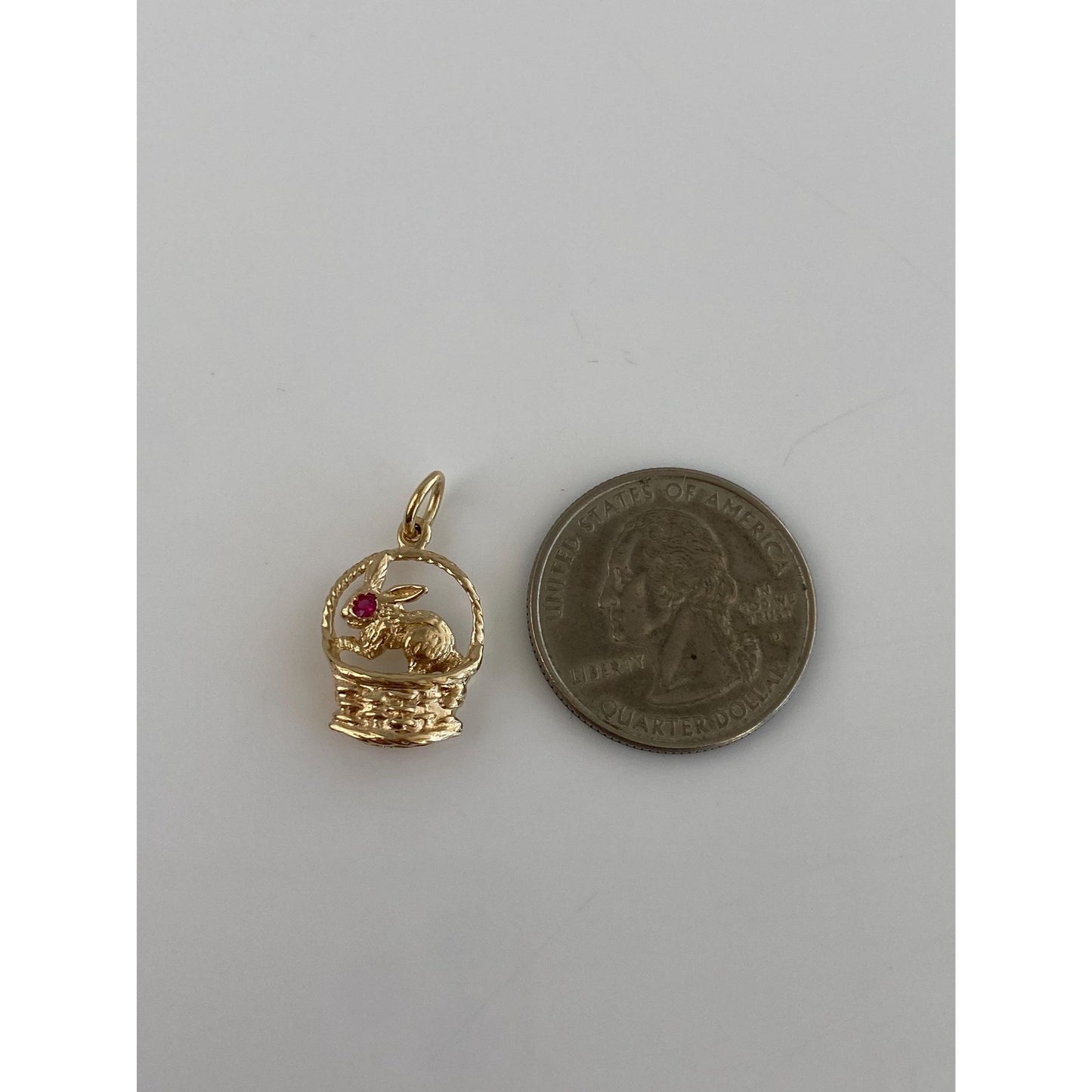 Vintage Solid 14k Yellow Gold Pink Spinel Rabbit Basket Charm