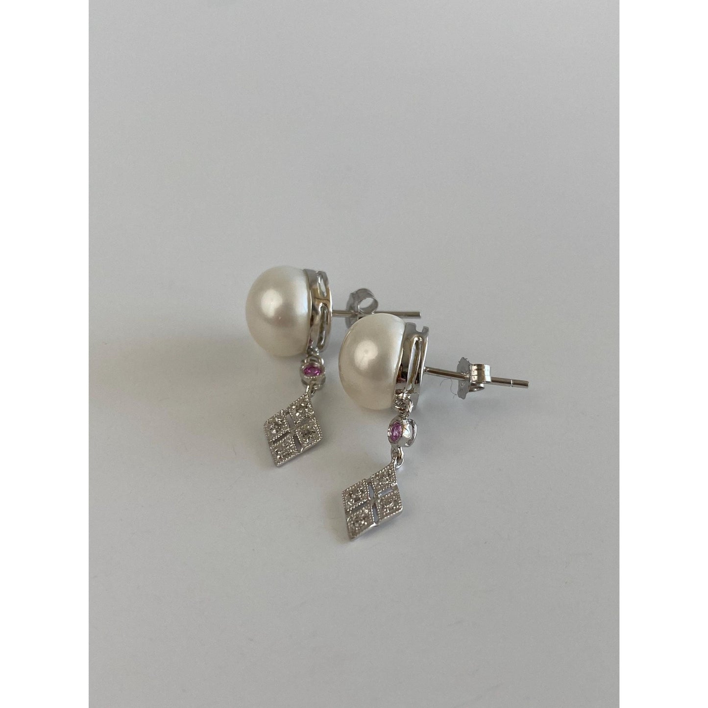 Vintage Solid 14k White Gold Clear & Pink Sapphire Pearl Dangle Stud Earrings