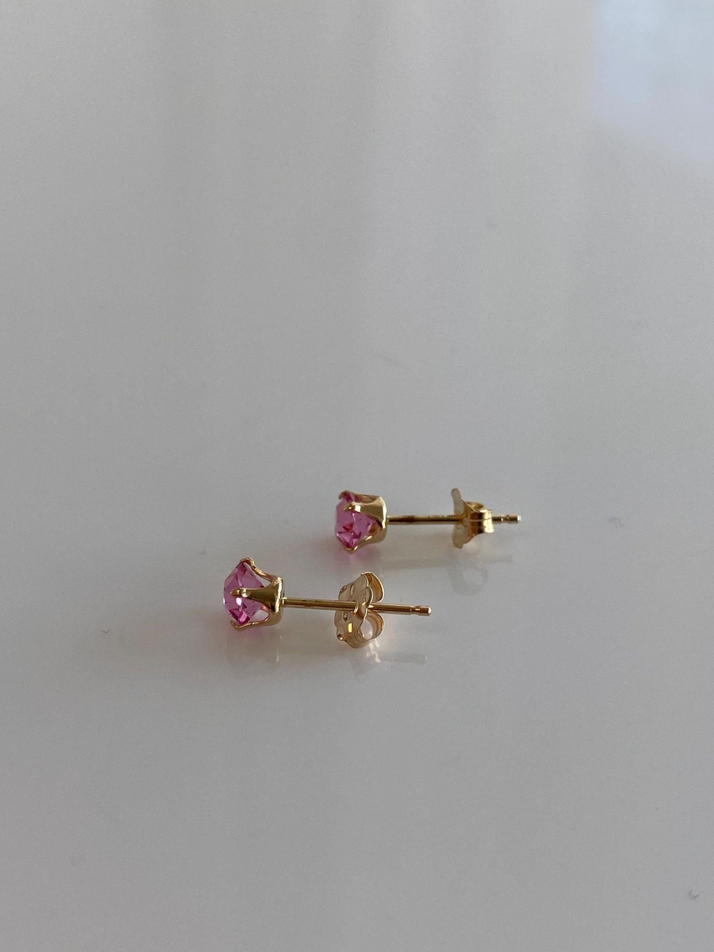 Vintage Solid 14k Yellow Gold Pink Cubic Zirconia Stud Earrings