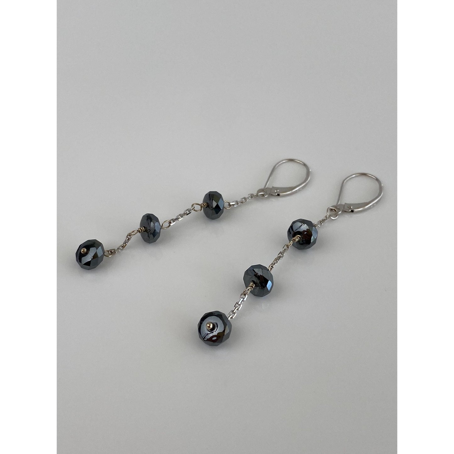 Vintage Solid 14k White Gold Hematite Dangle Earrings
