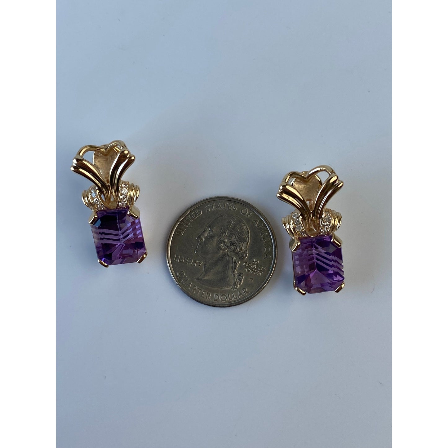 Solid 14k Yellow Gold Amethyst Clear Sapphire Drop Stud Earrings
